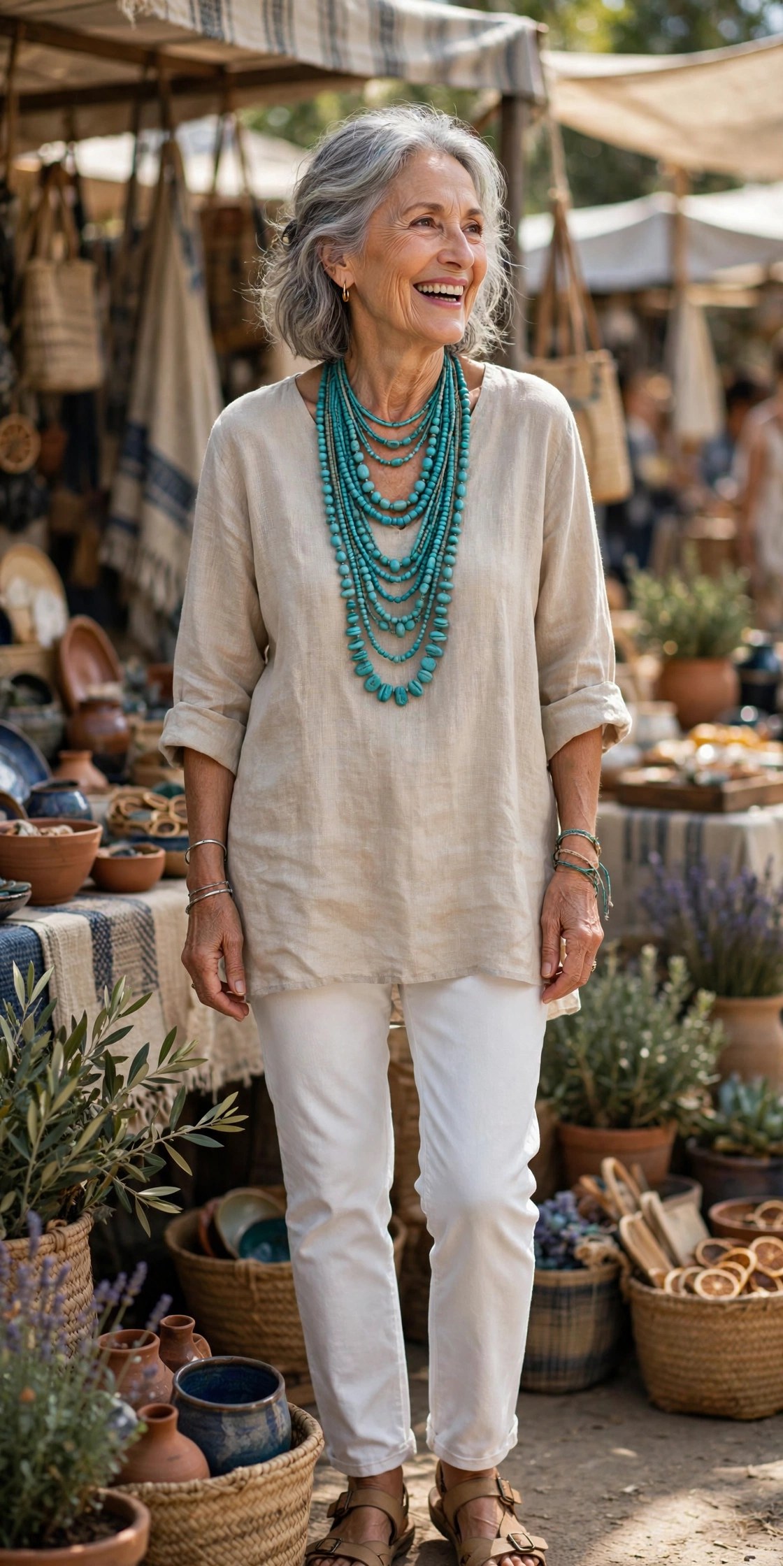 Woman in her 70s wearing layered turquoise necklaces with a simple linen tunic, Frankie Bergstein style