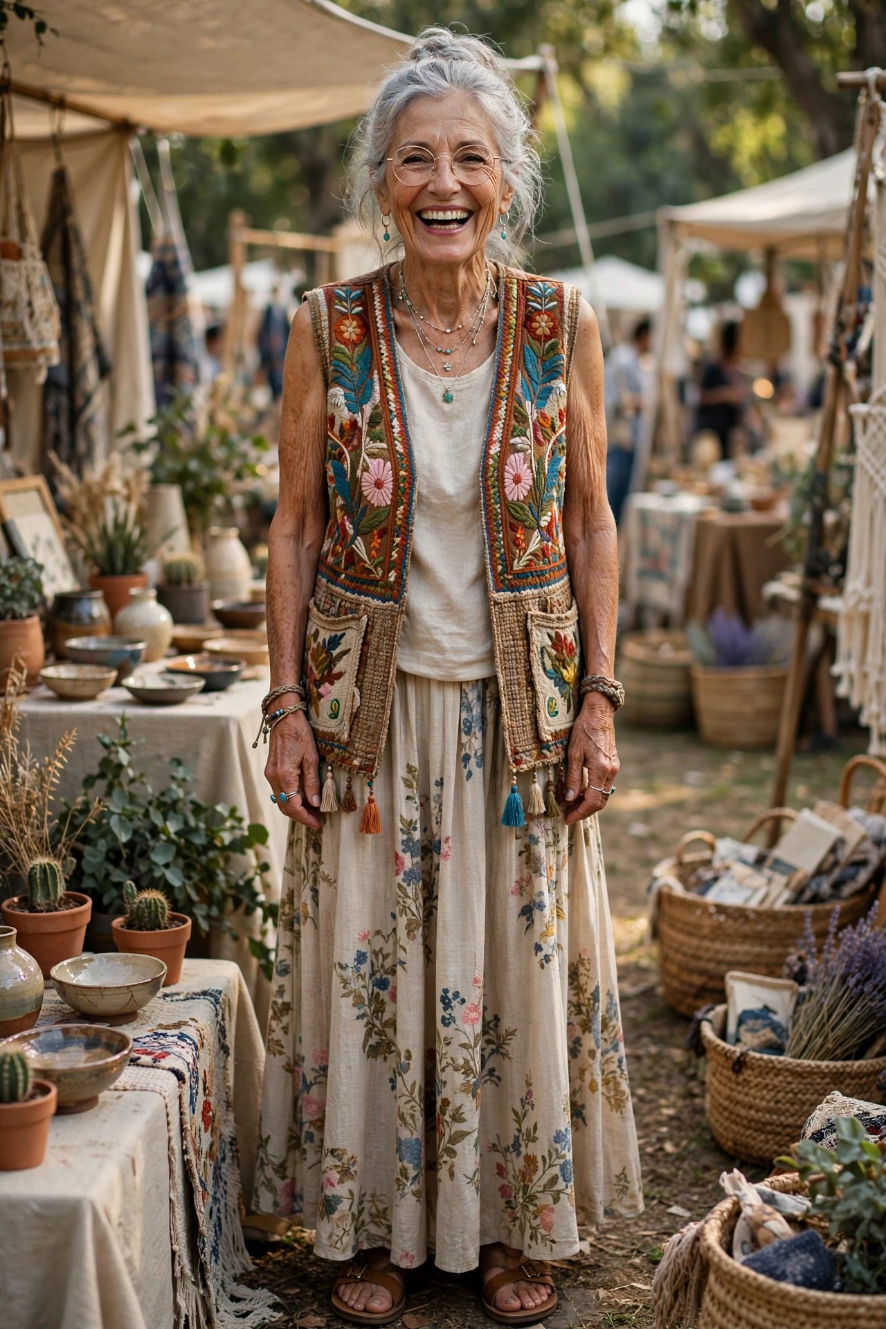 Woman in her 70s wearing a boho embroidered vest over a maxi skirt, Frankie Bergstein style