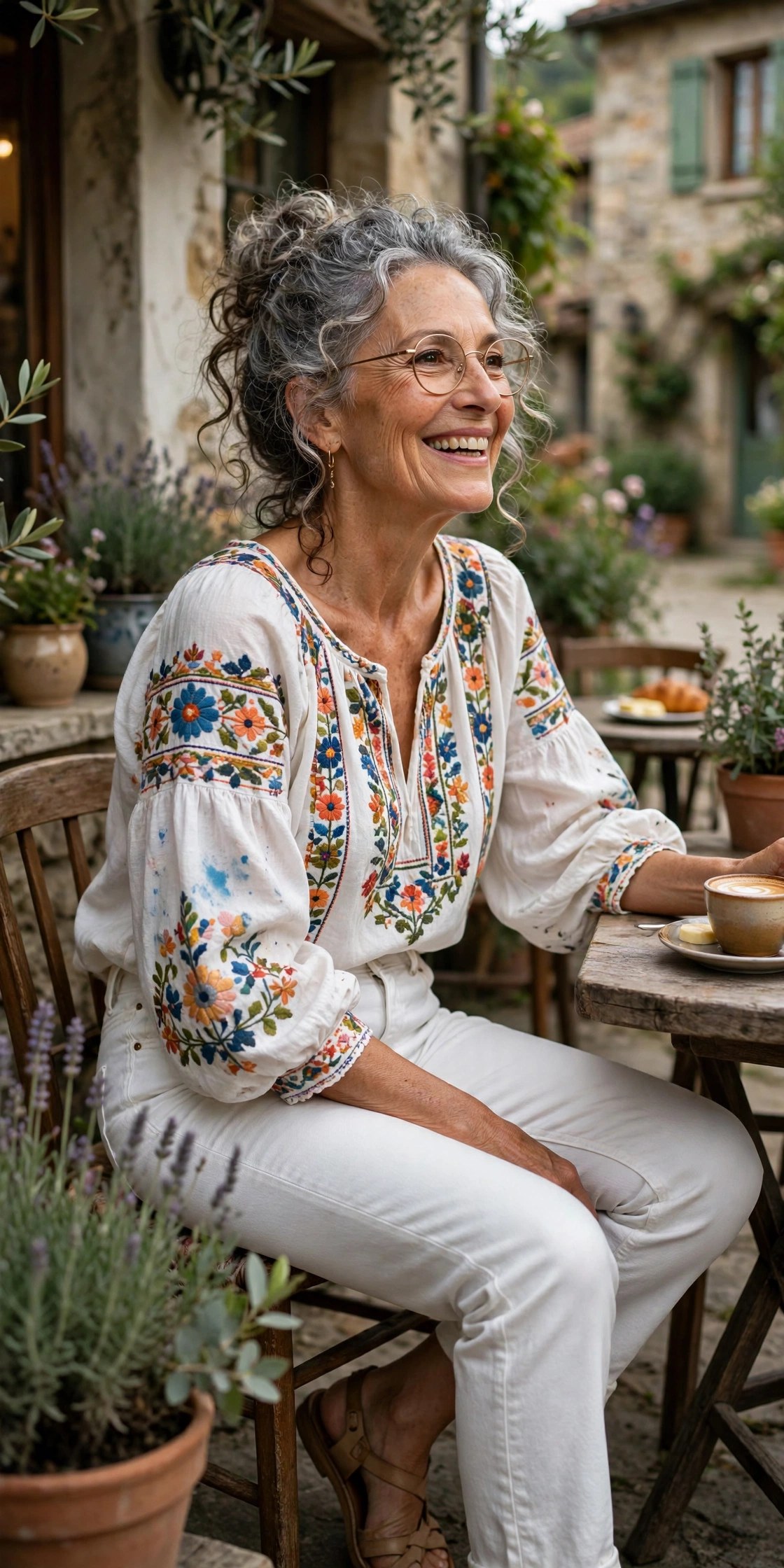Woman in her 70s wearing an embroidered peasant blouse and white jeans, Frankie Bergstein style