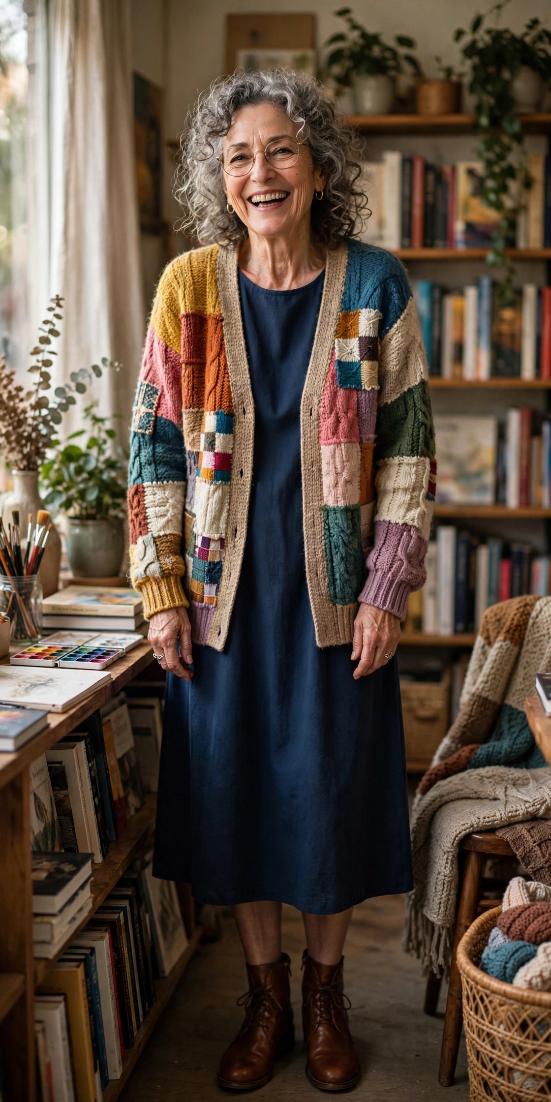 Woman in her 70s wearing a colorful patchwork cardigan over a simple dress, Frankie Bergstein style