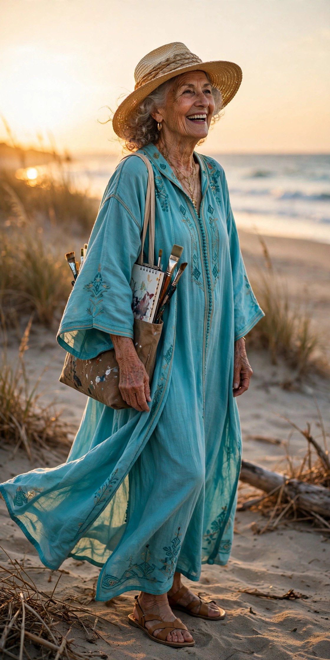 Woman in her 70s wearing a flowing turquoise caftan and flat sandals, Frankie Bergstein style