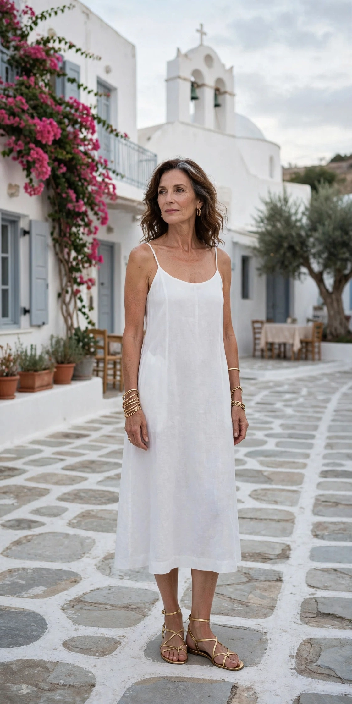Elegant woman over 50 wearing Greek island style outfit idea 5