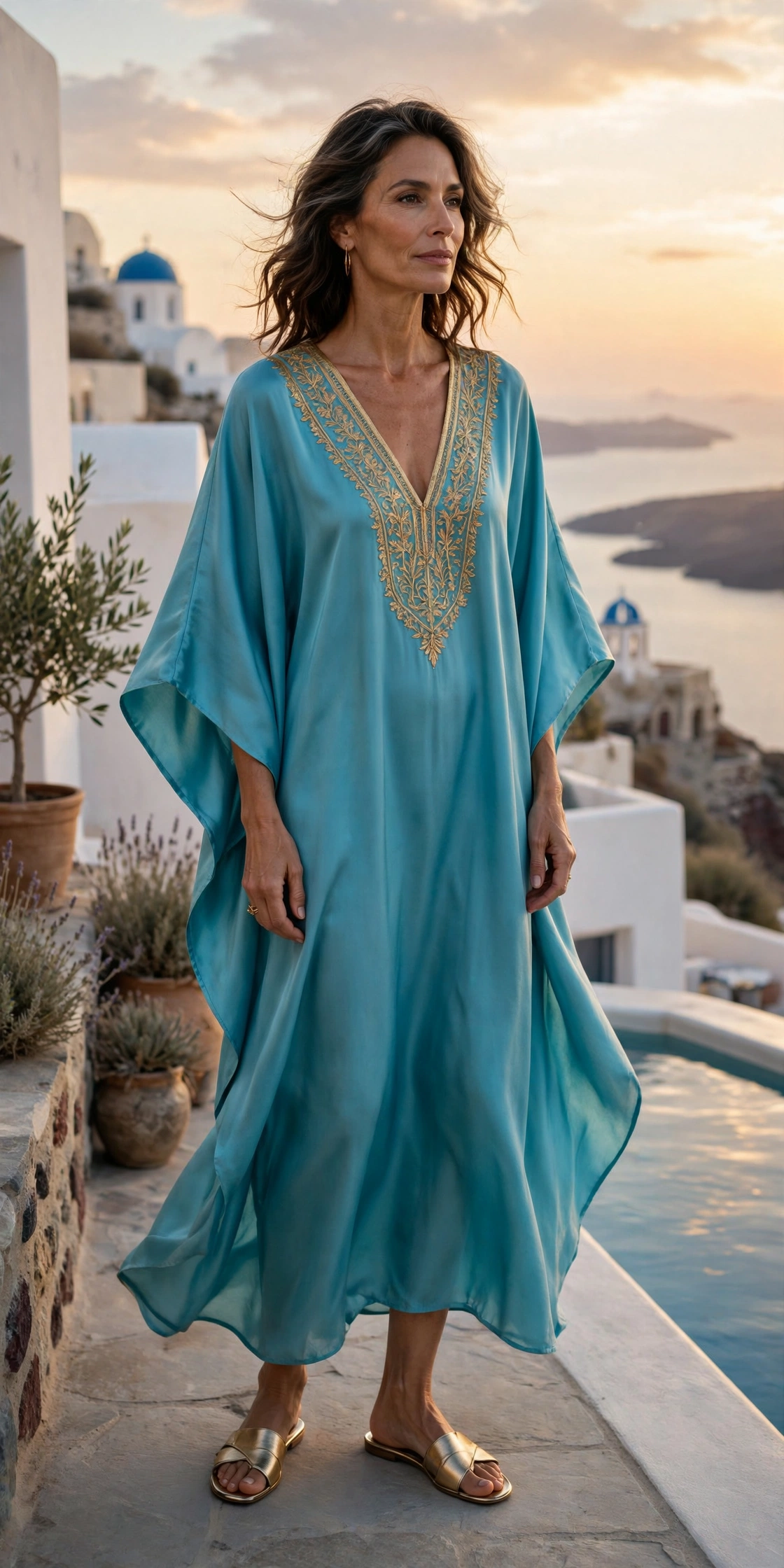 Elegant woman over 50 wearing Greek island style outfit idea 6