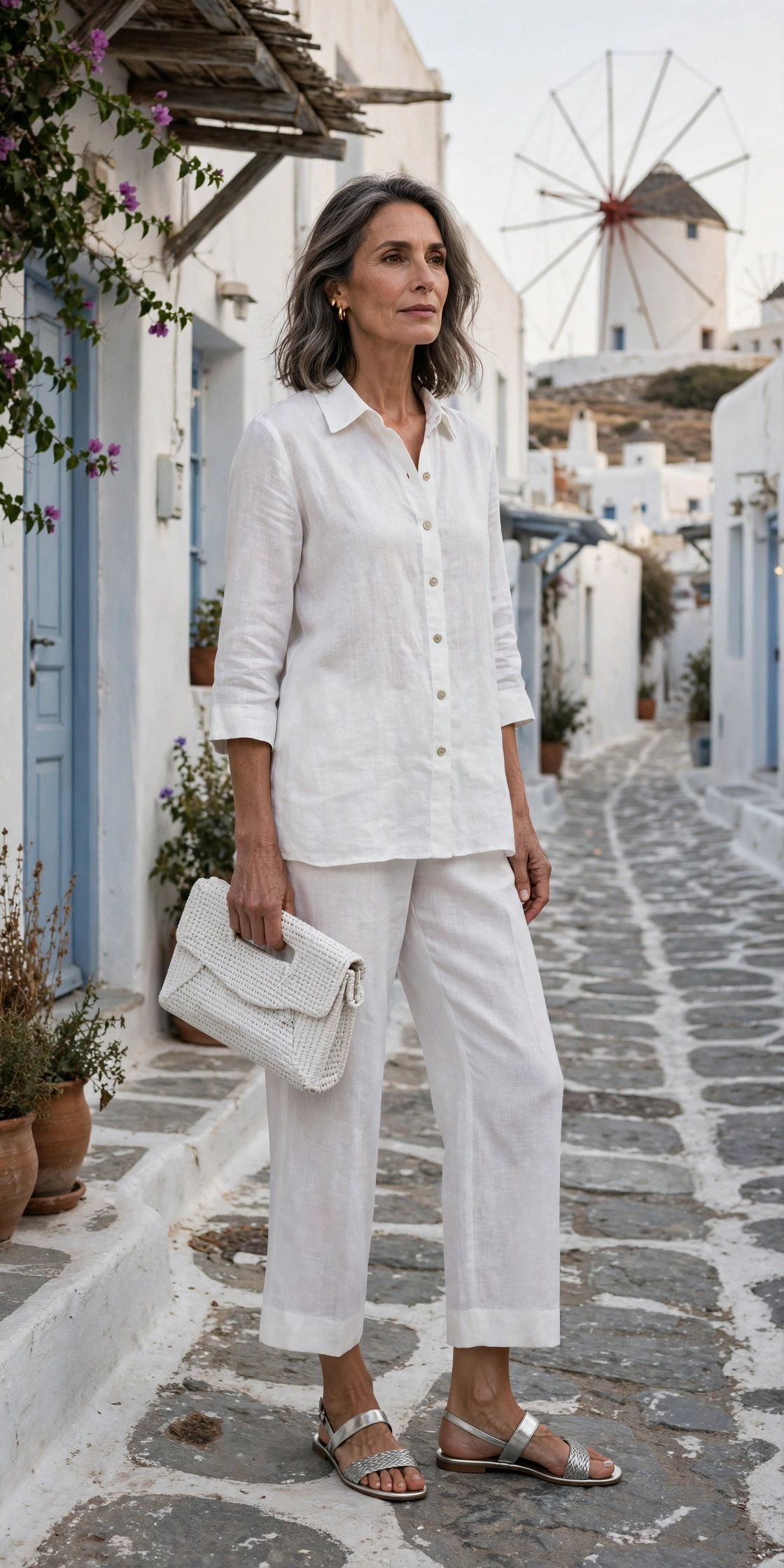Elegant woman over 50 wearing Greek island style outfit idea 8