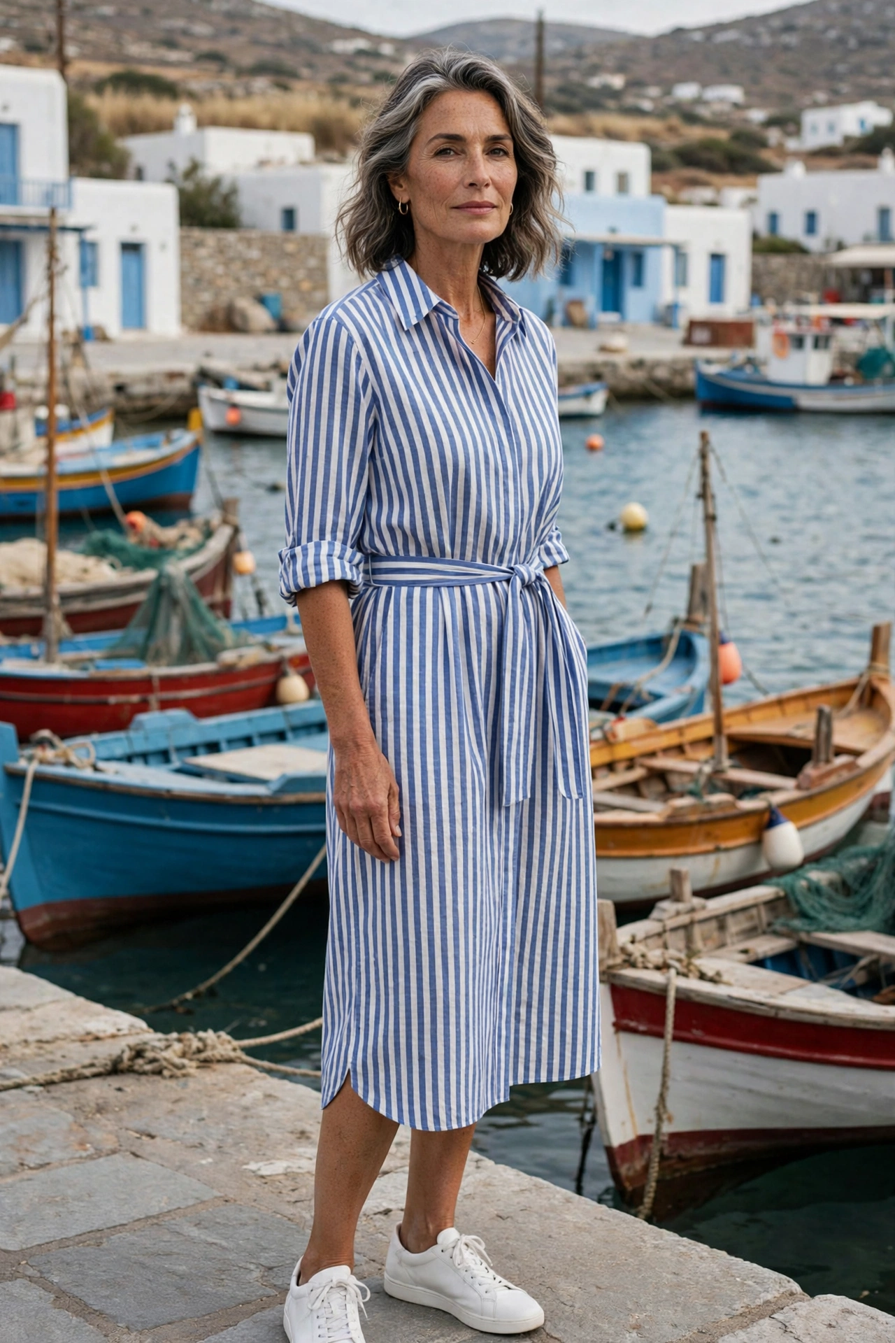 Elegant woman over 50 wearing Greek island style outfit idea 10