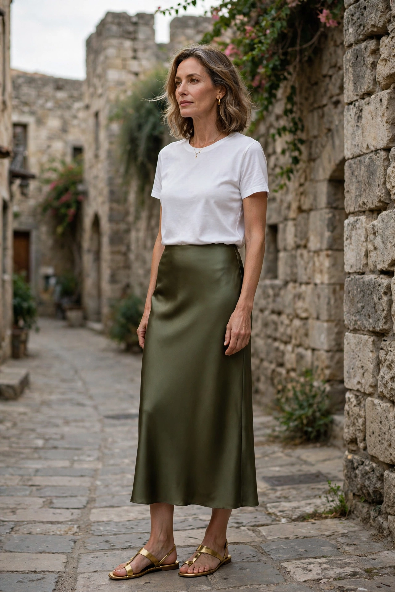 Elegant woman over 50 wearing Greek island style outfit idea 11