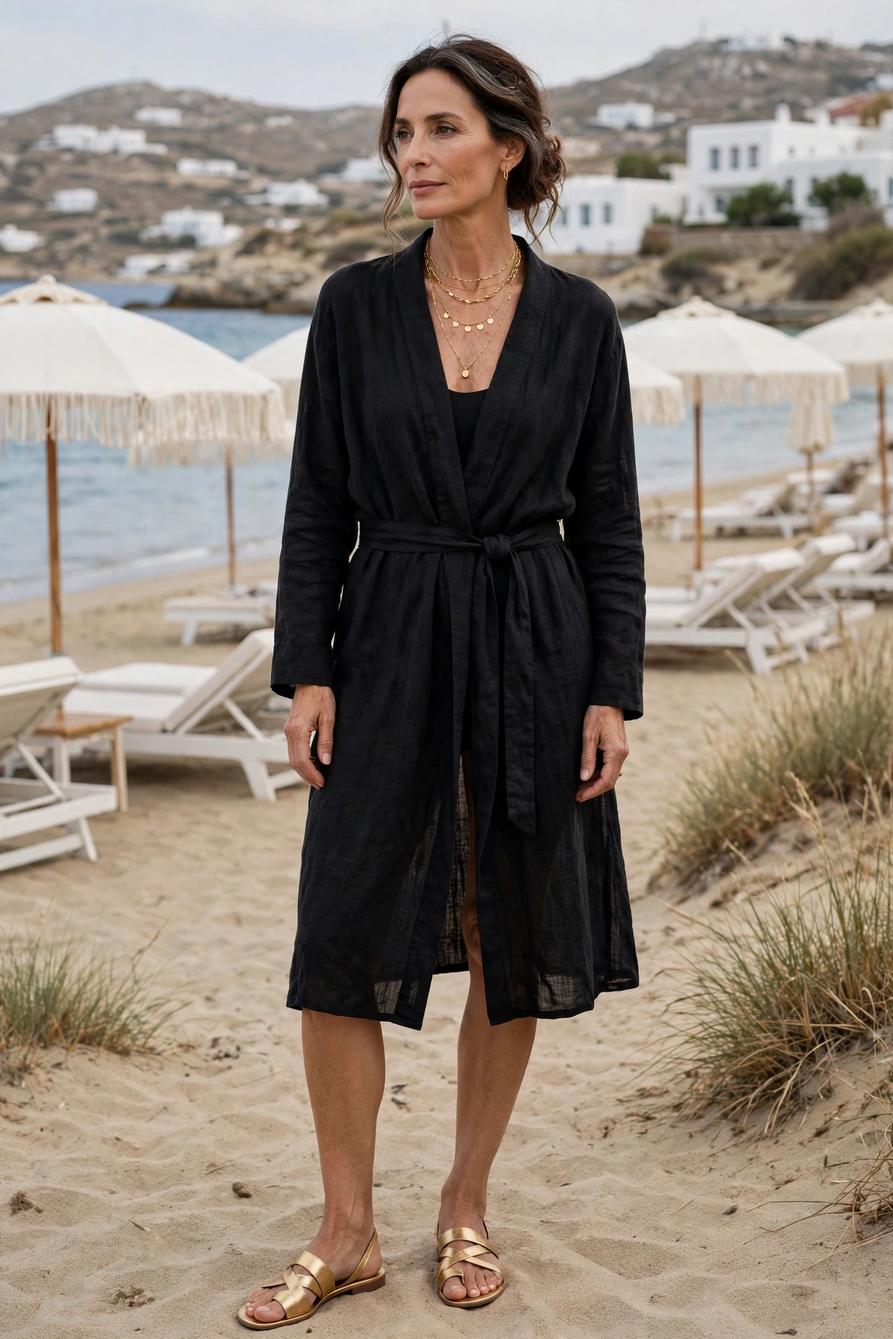 Elegant woman over 50 wearing Greek island style outfit idea 14
