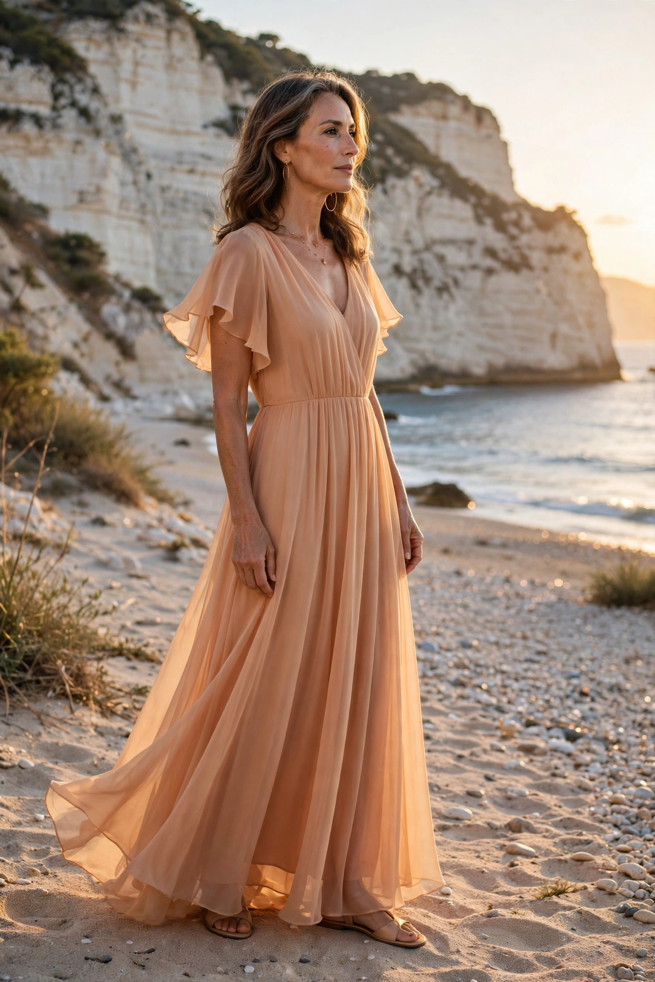 Elegant woman over 50 wearing Greek island style outfit idea 19