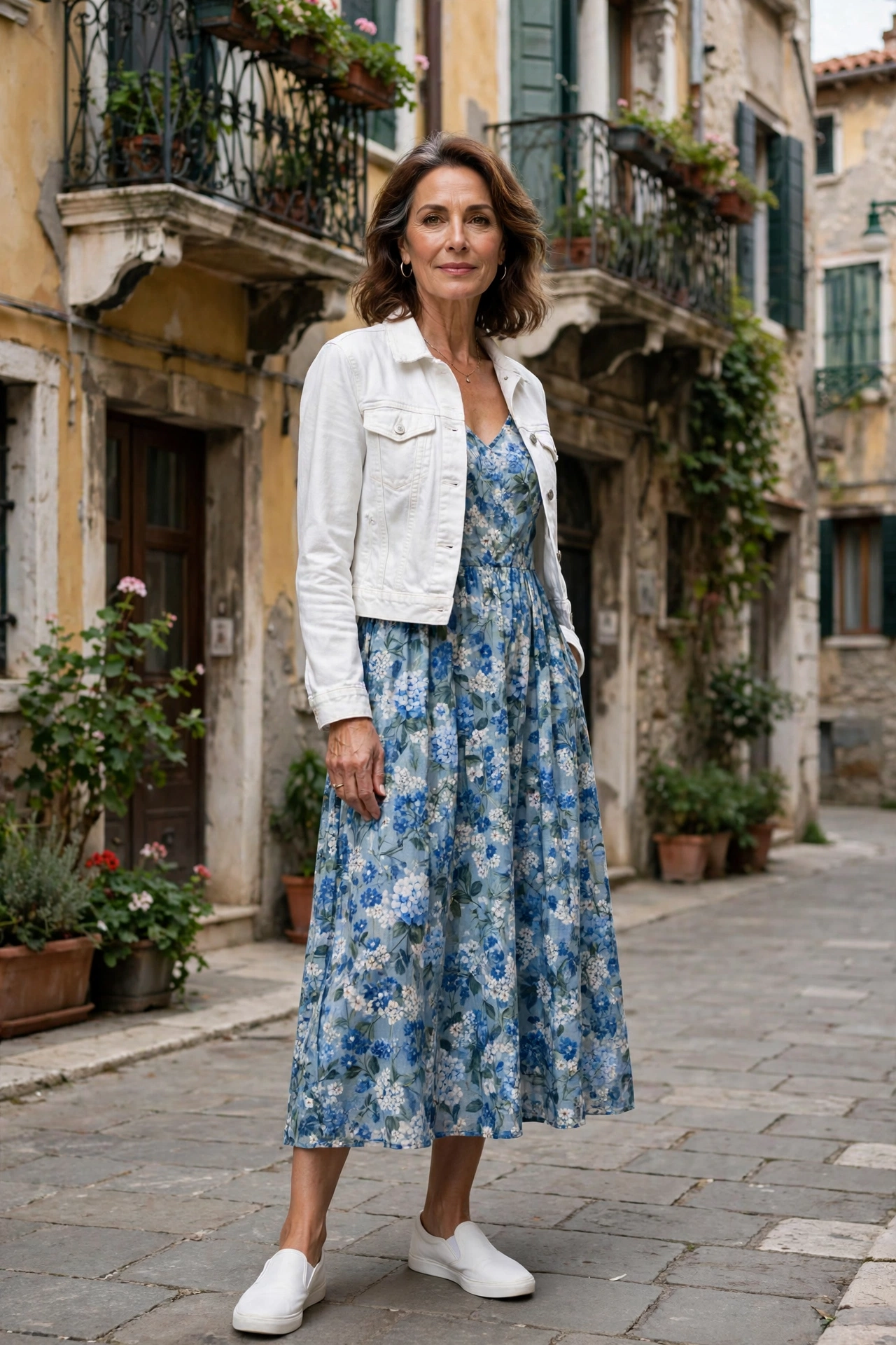 Elegant woman over 50 wearing Greek island style outfit idea 23