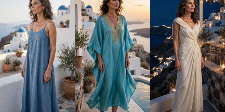 Greek island style for women over 50: white linen and Aegean blue outfits