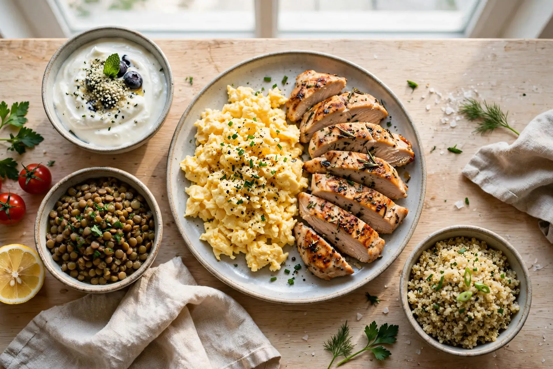 Protein-rich meal of scrambled eggs, grilled chicken, lentils, quinoa and Greek yogurt on a wooden table
