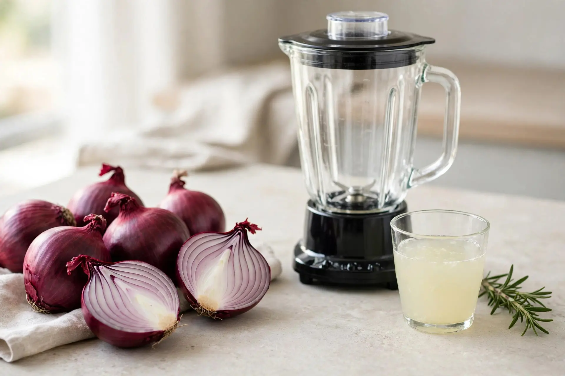 Red onions, a blender and a small glass of strained onion juice on a kitchen counter