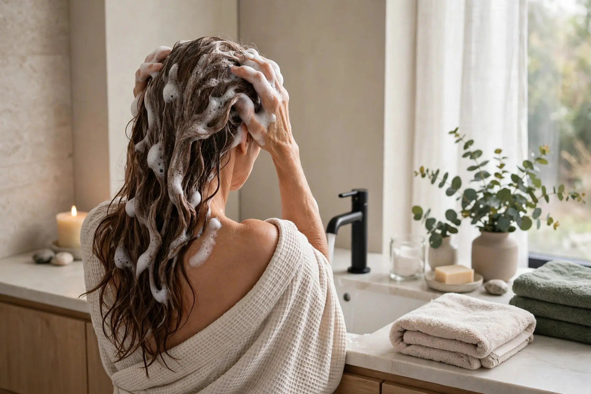 Back view of a woman gently washing her long hair with shampoo foam at a bathroom sink