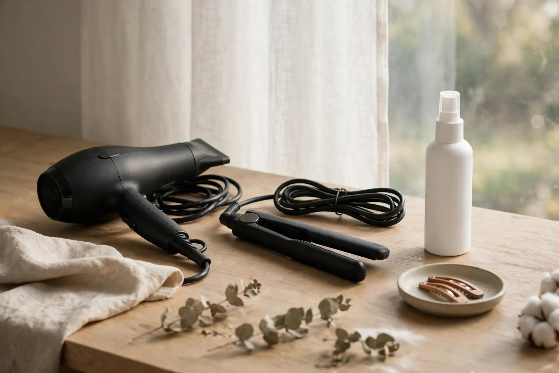 Hair dryer and flat iron set aside on a dressing table beside an unlabeled heat protectant spray bottle