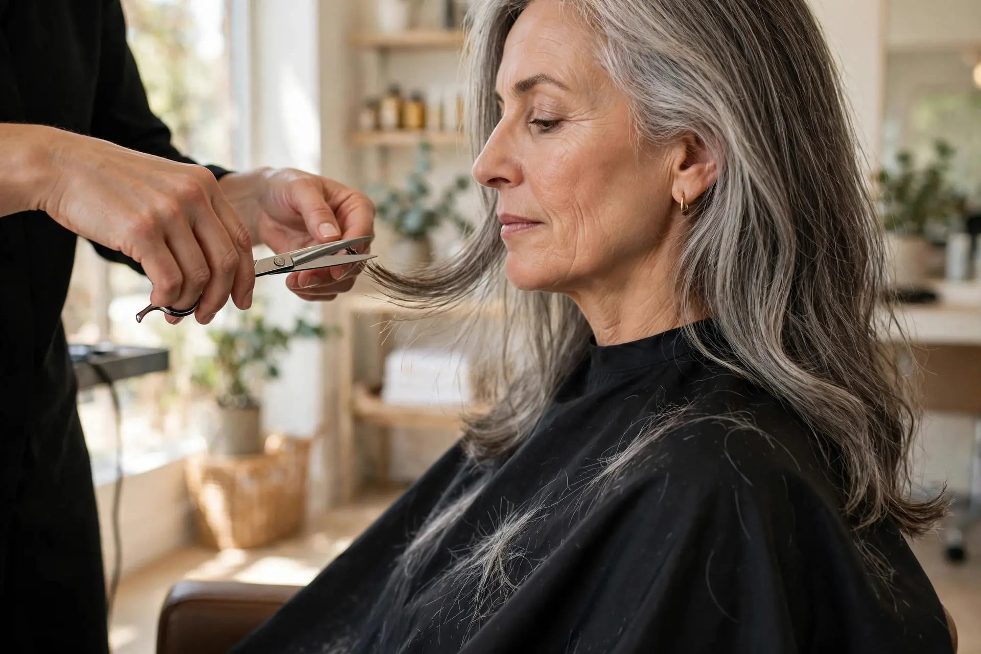 Stylist trimming the ends of a seated older woman's long silver hair in a bright salon