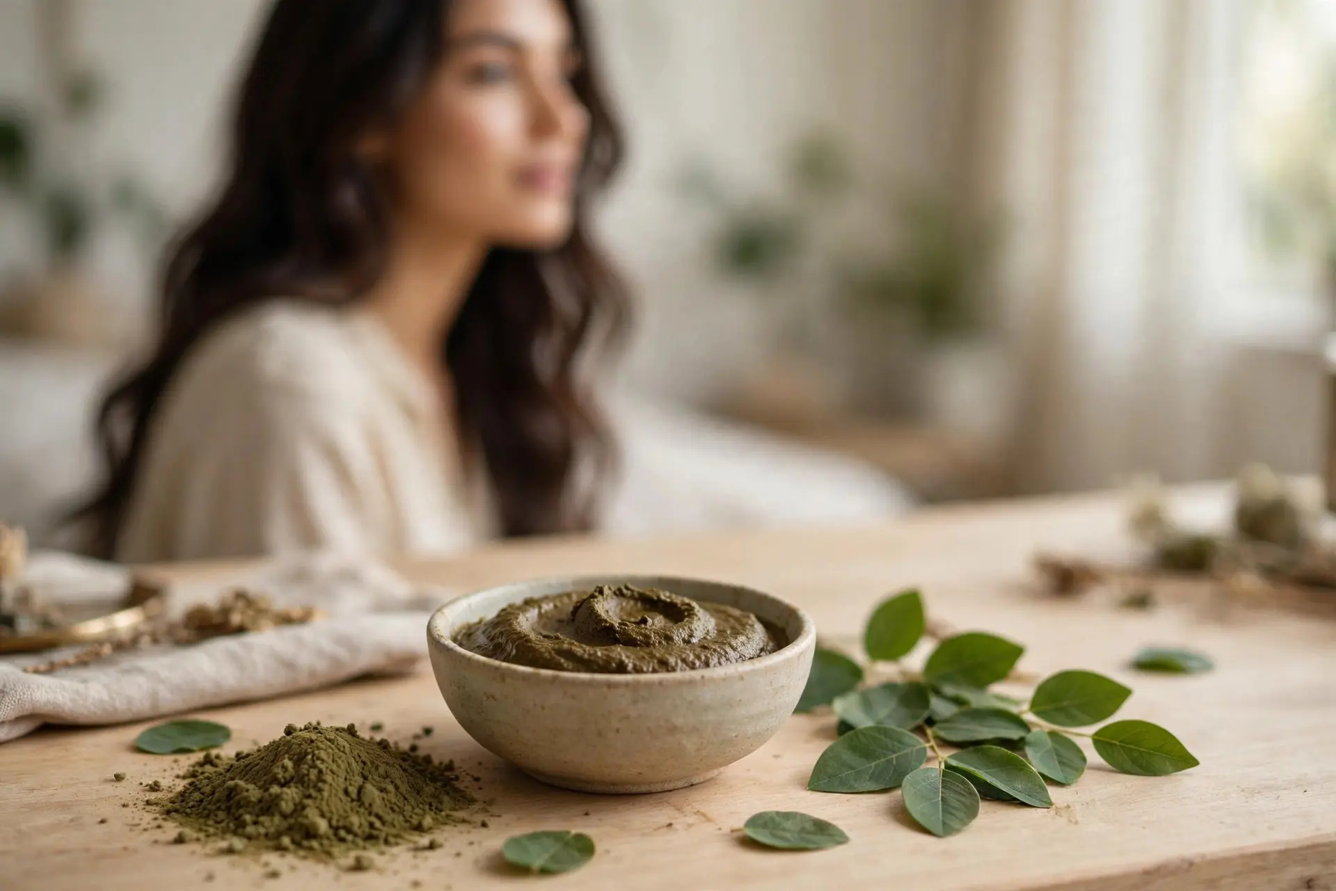 Bowl of natural henna paste with henna powder and leaves, a woman with glossy natural hair behind