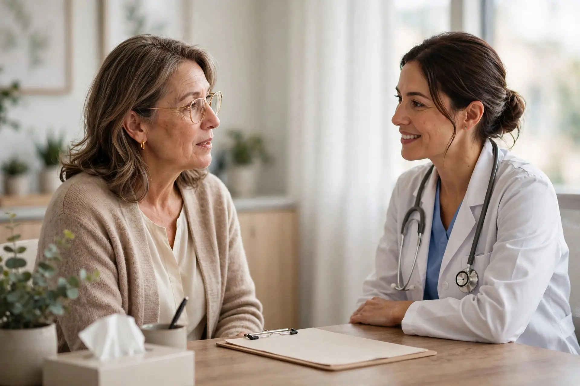 Woman in her late fifties discussing her health with a female doctor in a bright clinic office