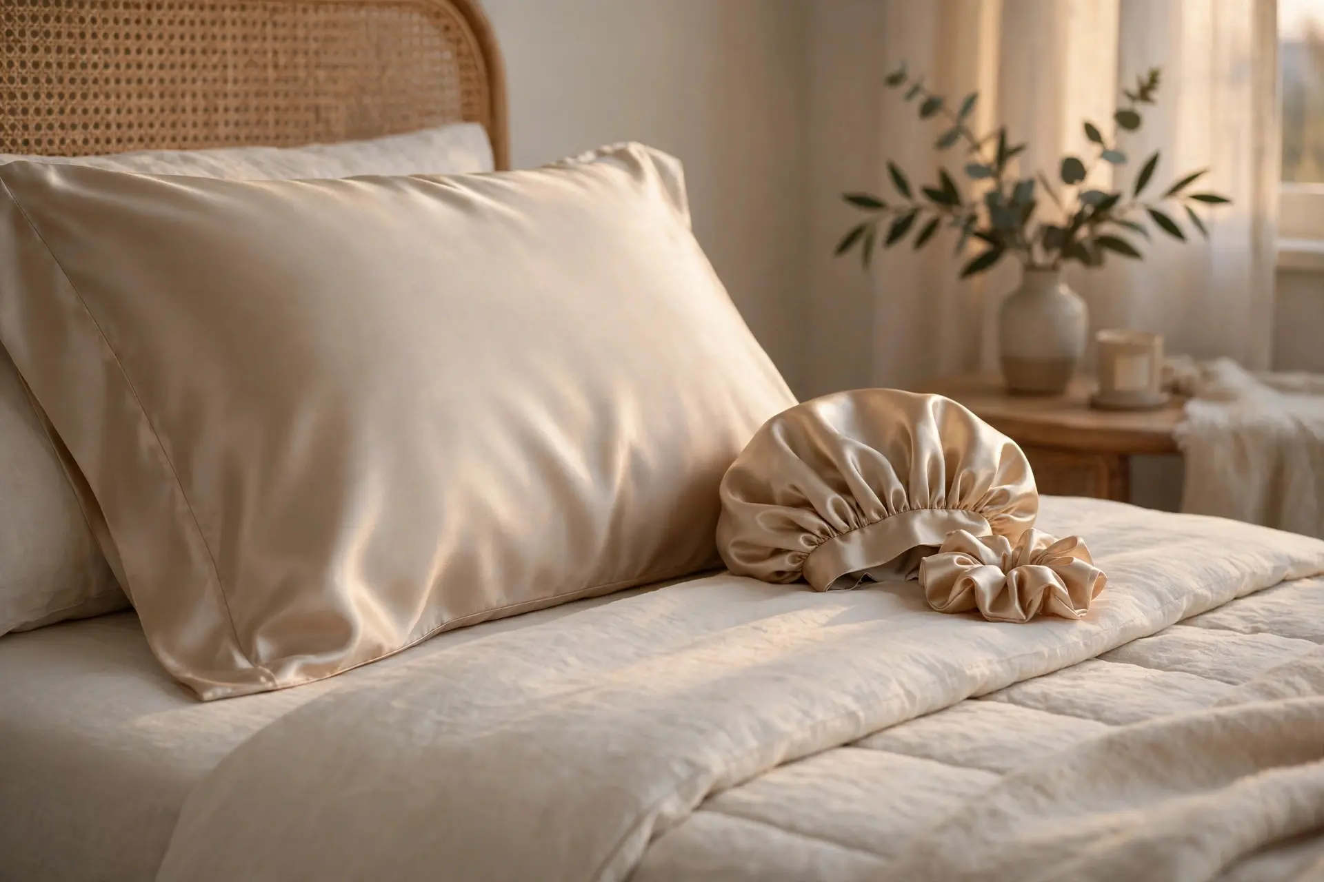 Champagne silk pillowcase on a bed with a satin bonnet and silk scrunchie beside it