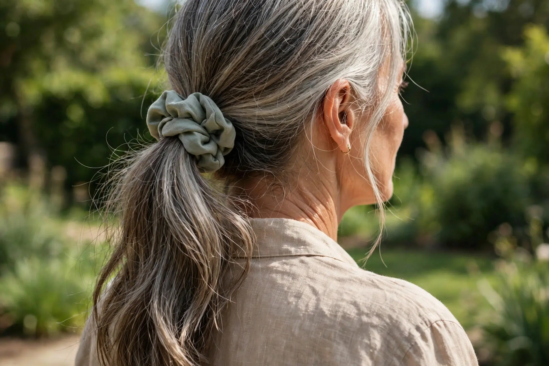 Back view of an older woman's long silver-streaked hair in a loose low ponytail with a soft scrunchie