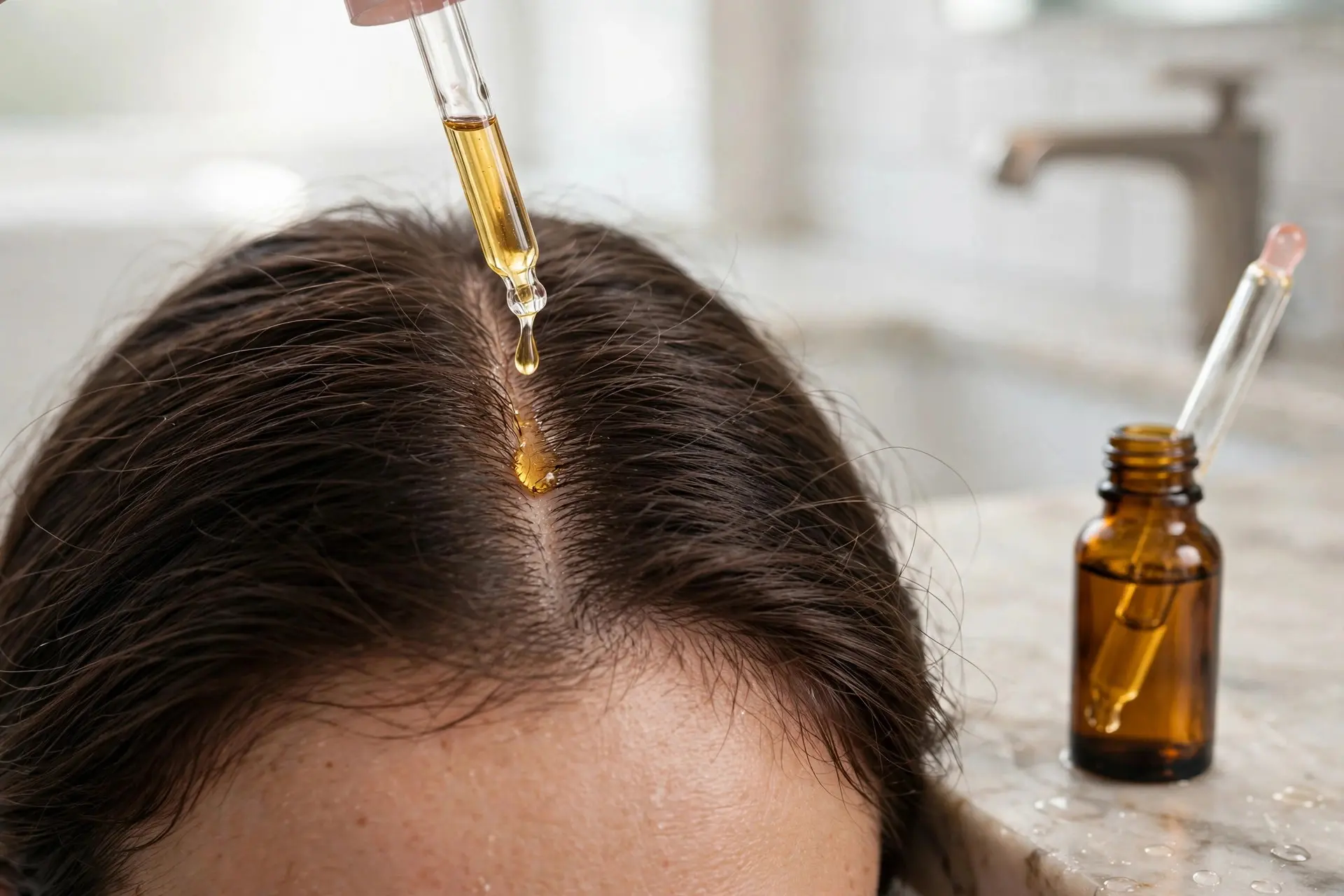 Dropper applying golden caffeine scalp serum along a woman's hair part line beside an amber bottle