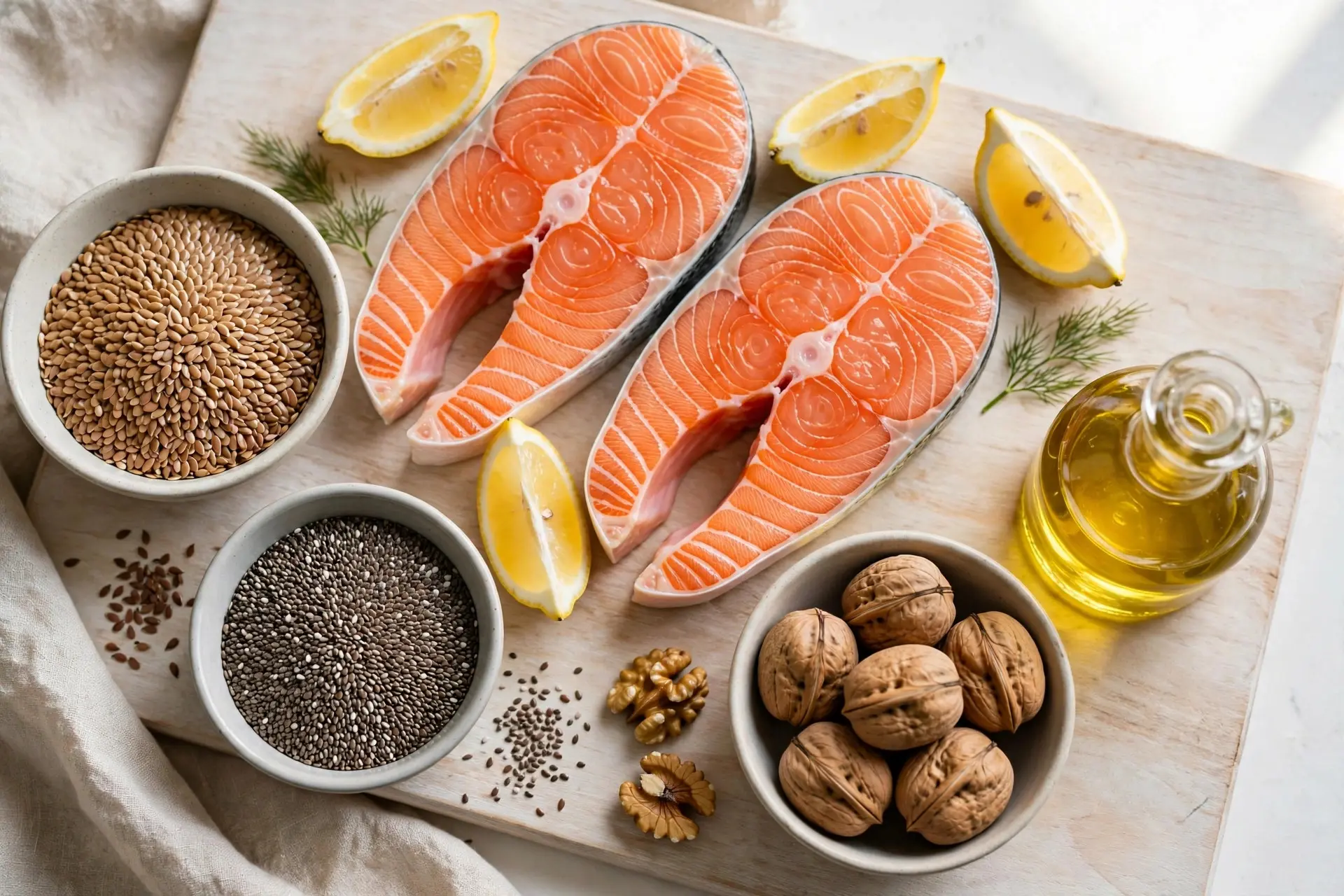 Salmon steaks with flaxseed, chia seeds, walnuts and lemon on a wooden board — natural sources of omega-3 fatty acids