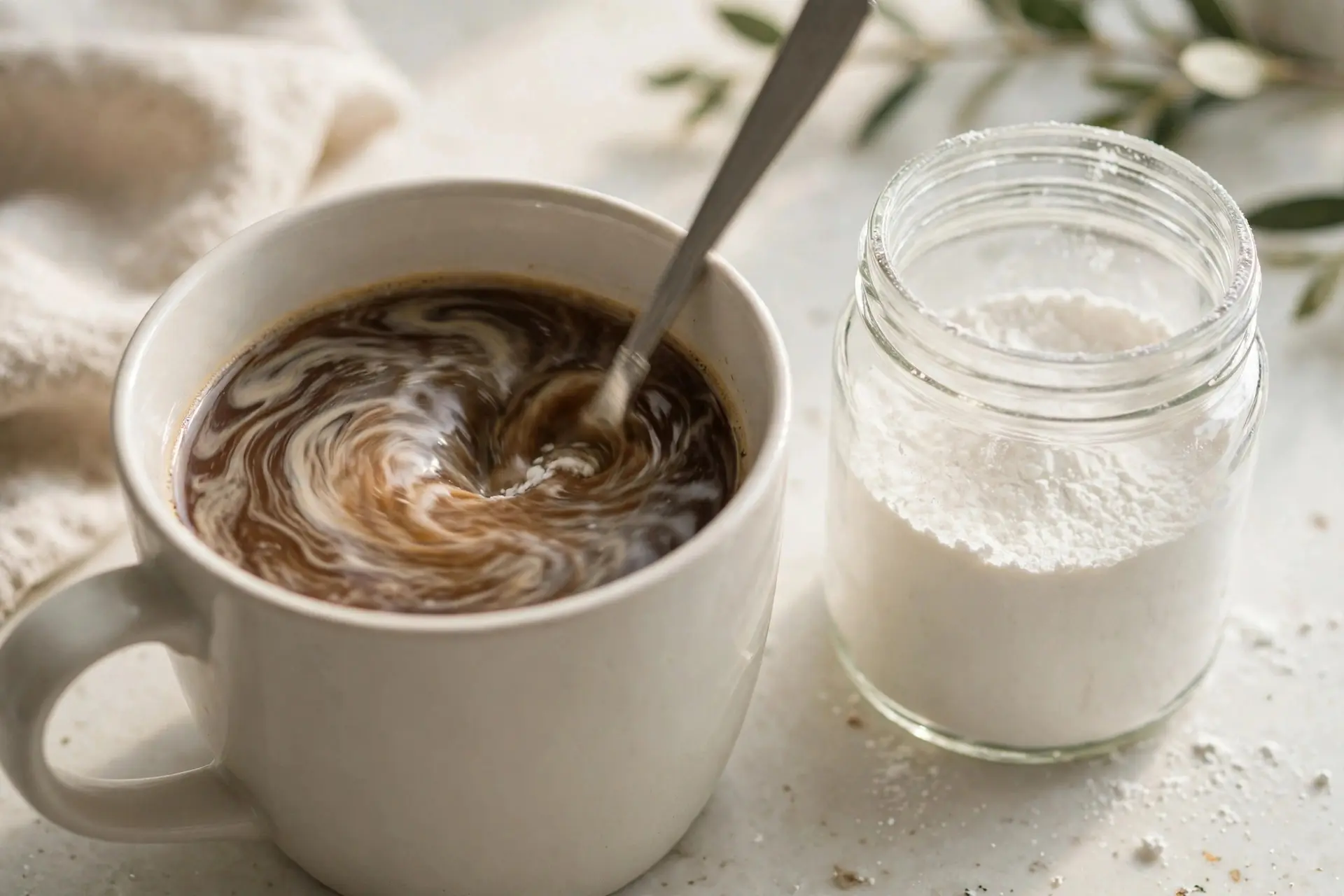 Collagen powder being stirred into a mug of coffee beside a plain jar of white collagen powder