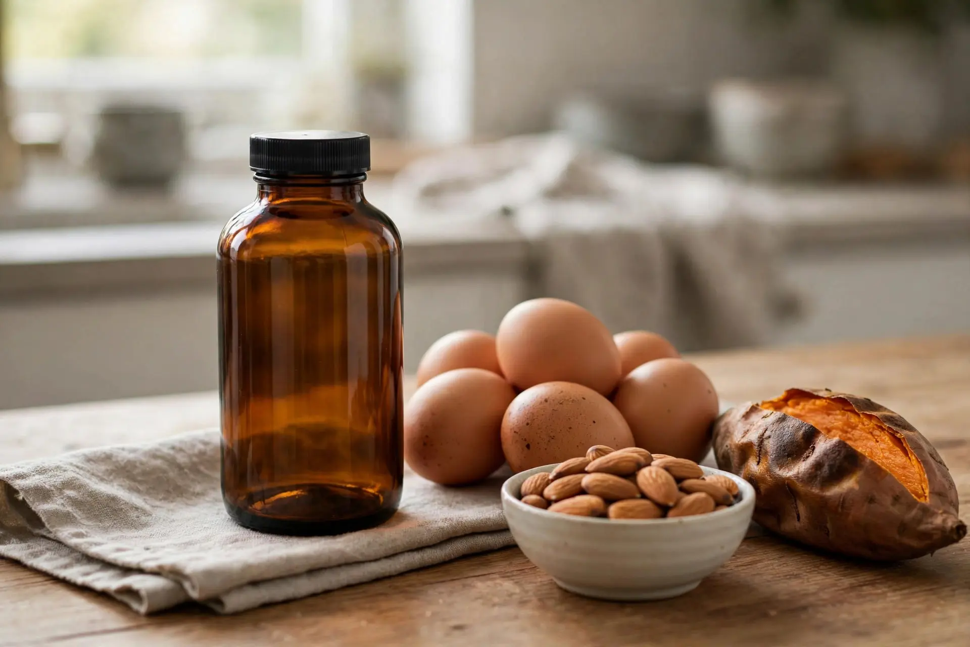 Plain unlabeled amber supplement bottle beside eggs, almonds and a baked sweet potato — biotin-rich foods