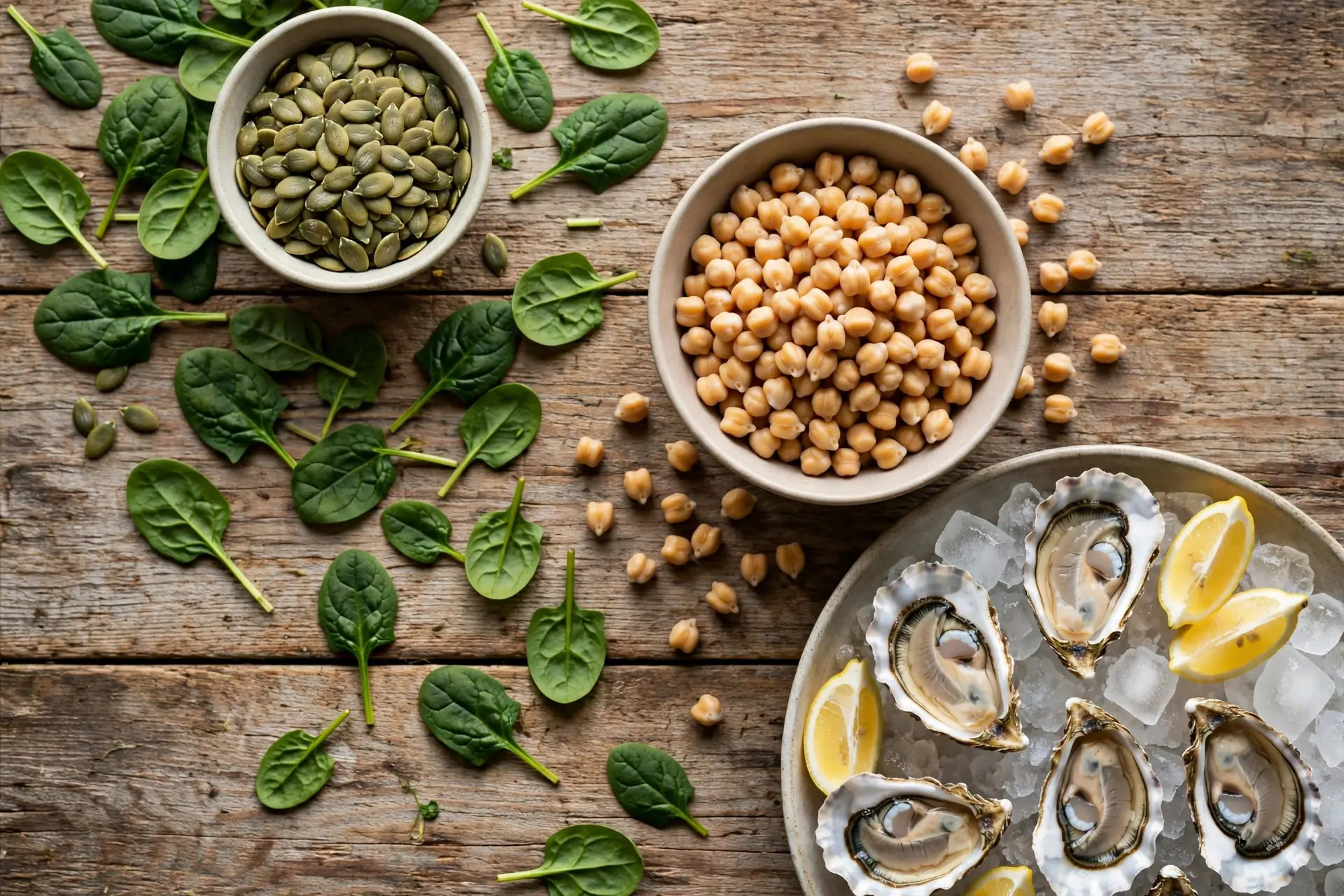 Zinc-rich foods on a rustic table: pumpkin seeds, spinach leaves, chickpeas and oysters on ice