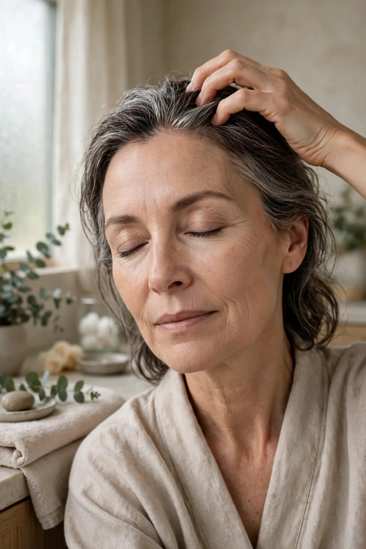 Woman in her late fifties with silver-streaked hair gently massaging her scalp with her fingertips