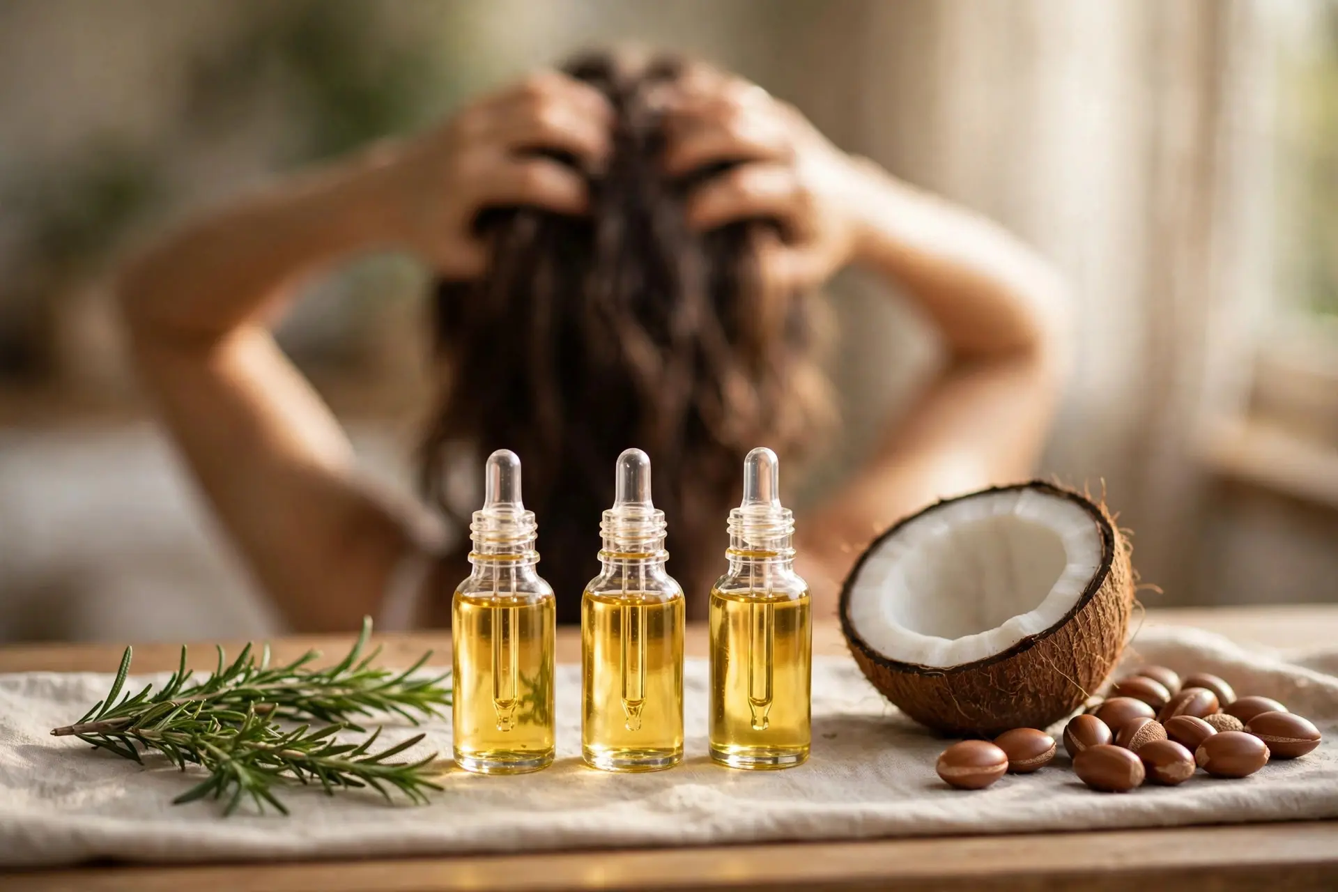 Three unlabeled dropper bottles of golden hair oil with rosemary, coconut and argan nuts, a woman massaging her scalp behind