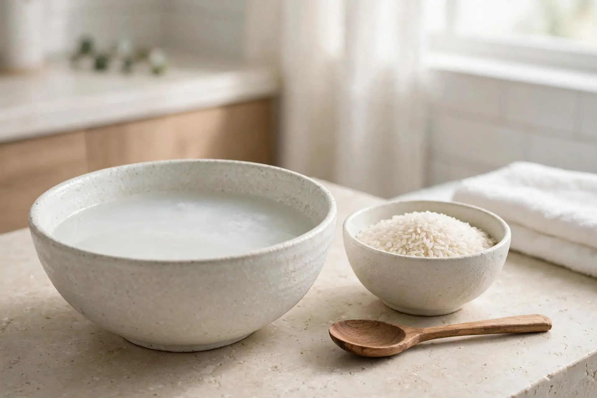 Bowl of milky rice water beside a small bowl of uncooked rice grains and a wooden spoon