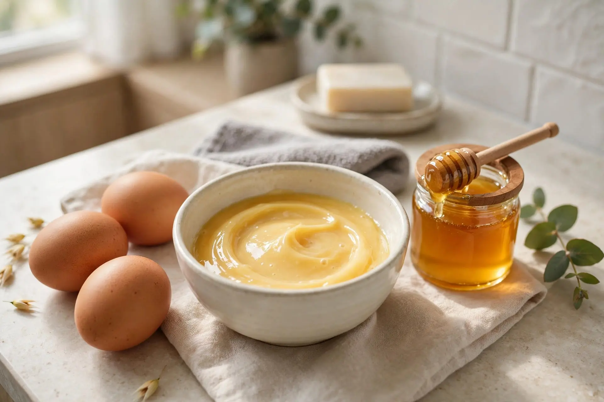Bowl of whisked golden egg yolk hair mask with whole eggs and a jar of honey