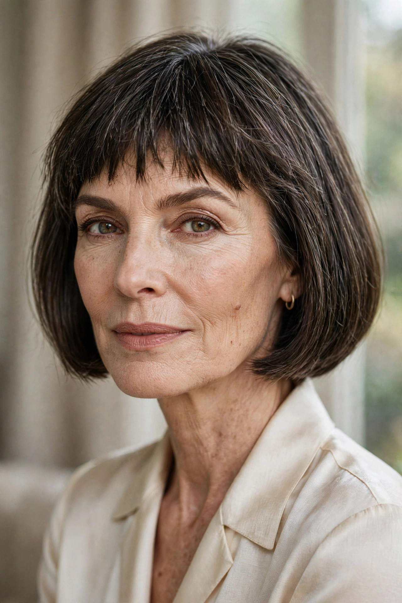 Woman in her 50s with a classic Chin Bob with Choppy Bangs