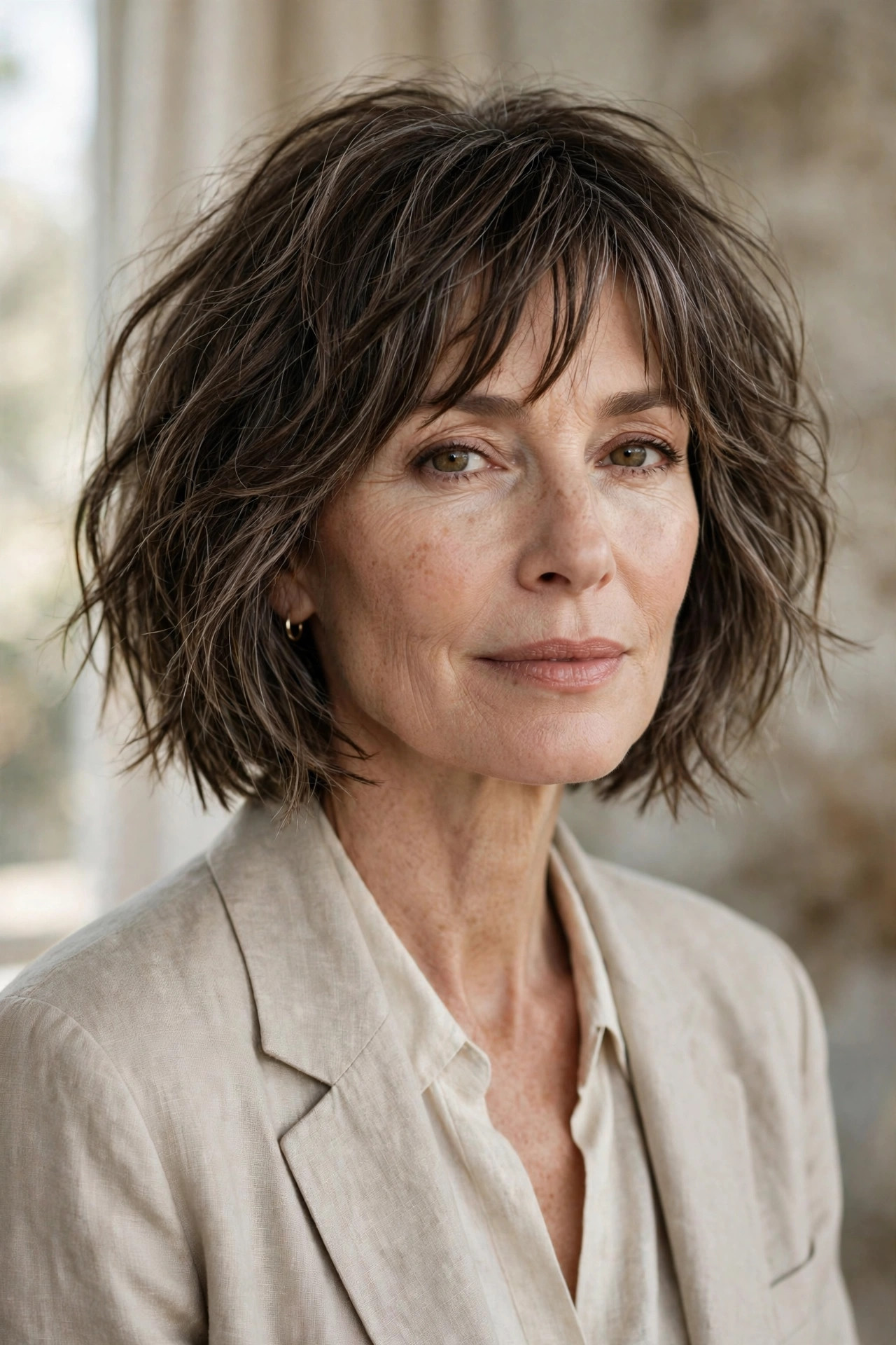 Woman in her 50s with a jaw-Length Textured Bob with Piecey Bangs