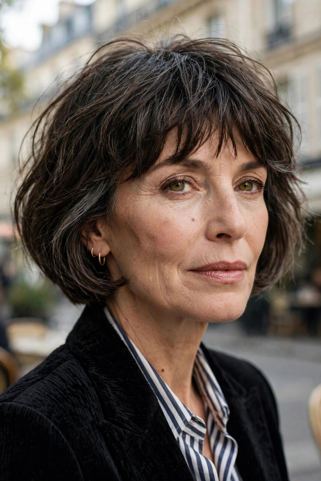 Woman in her 50s with a rounded French Bob with Uneven Bangs