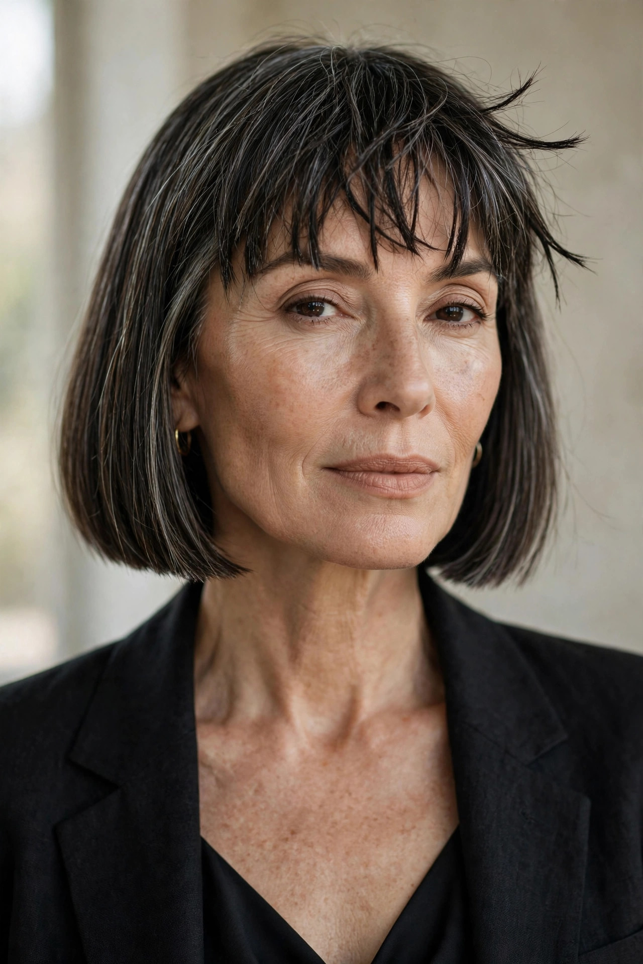 Woman in her 50s with a sleek Blunt Bob with Broken Bangs