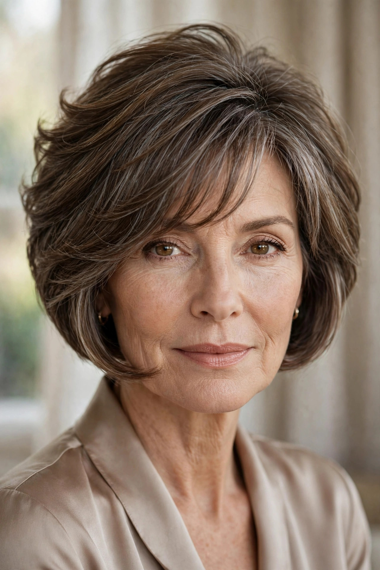 Woman in her 50s with a inverted Bob with Feathered Bangs