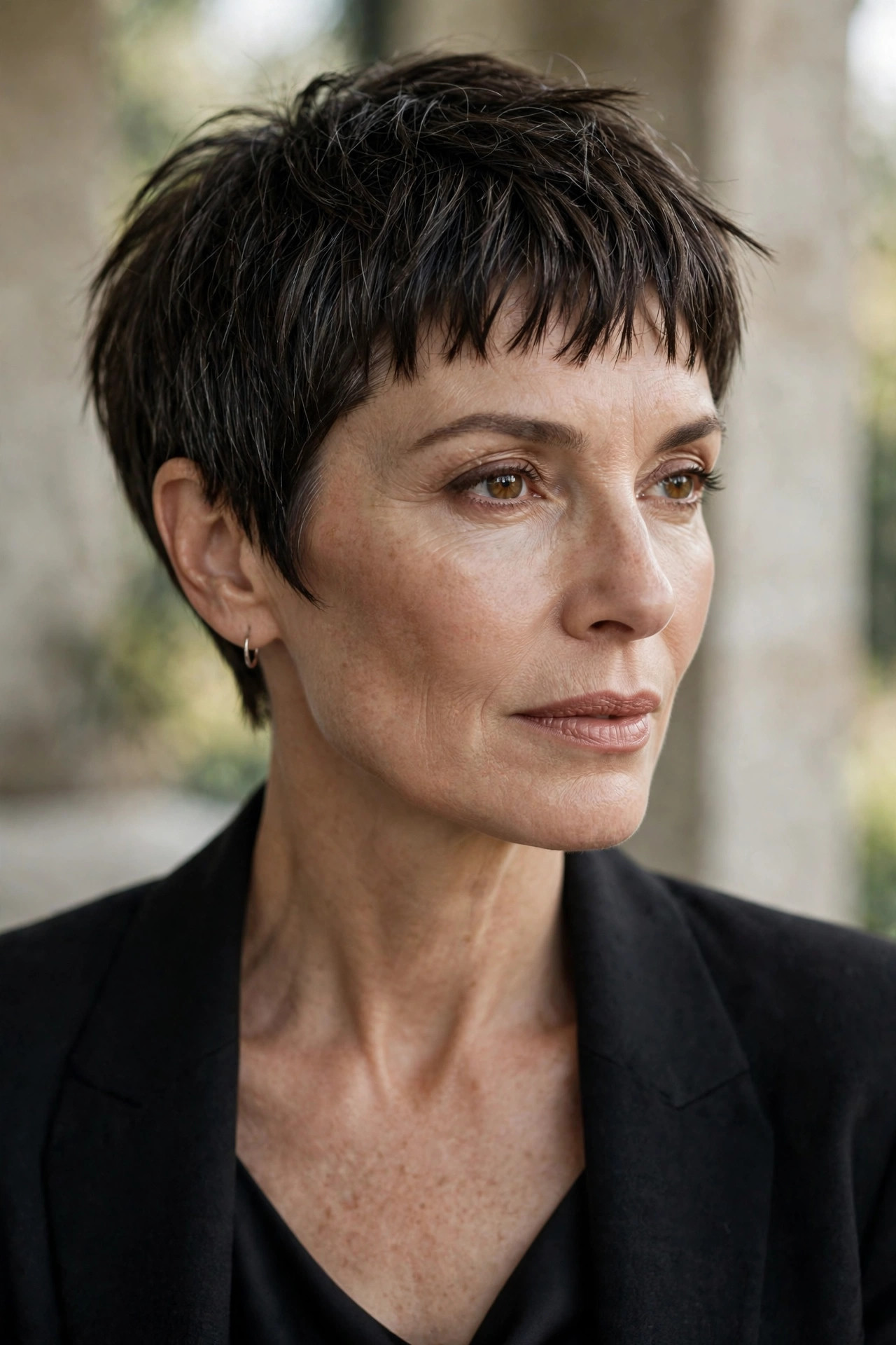 Woman in her 50s with a micro Bob with Short Choppy Bangs