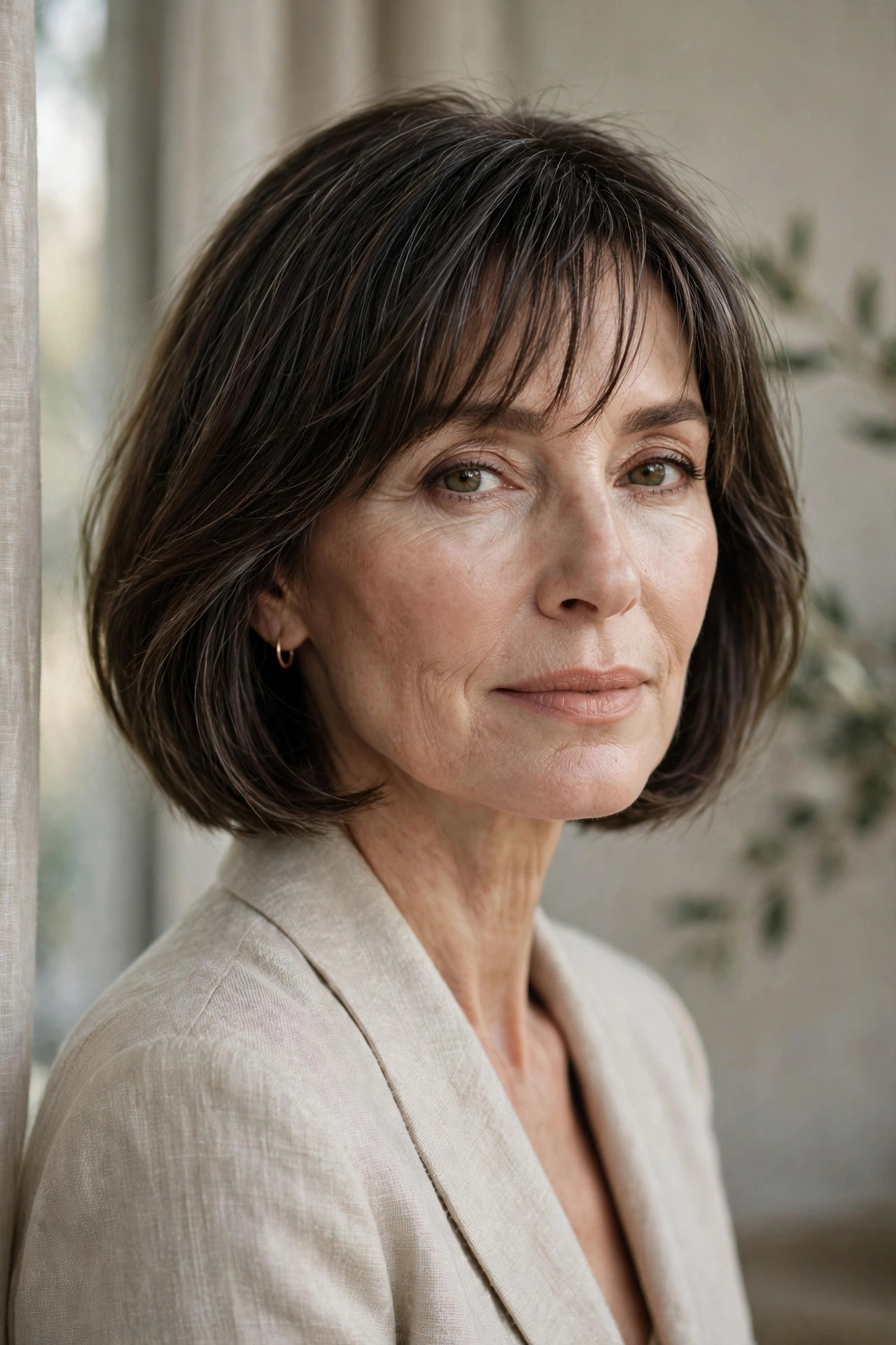 Woman in her 50s with a graduated Bob with Wispy Bangs