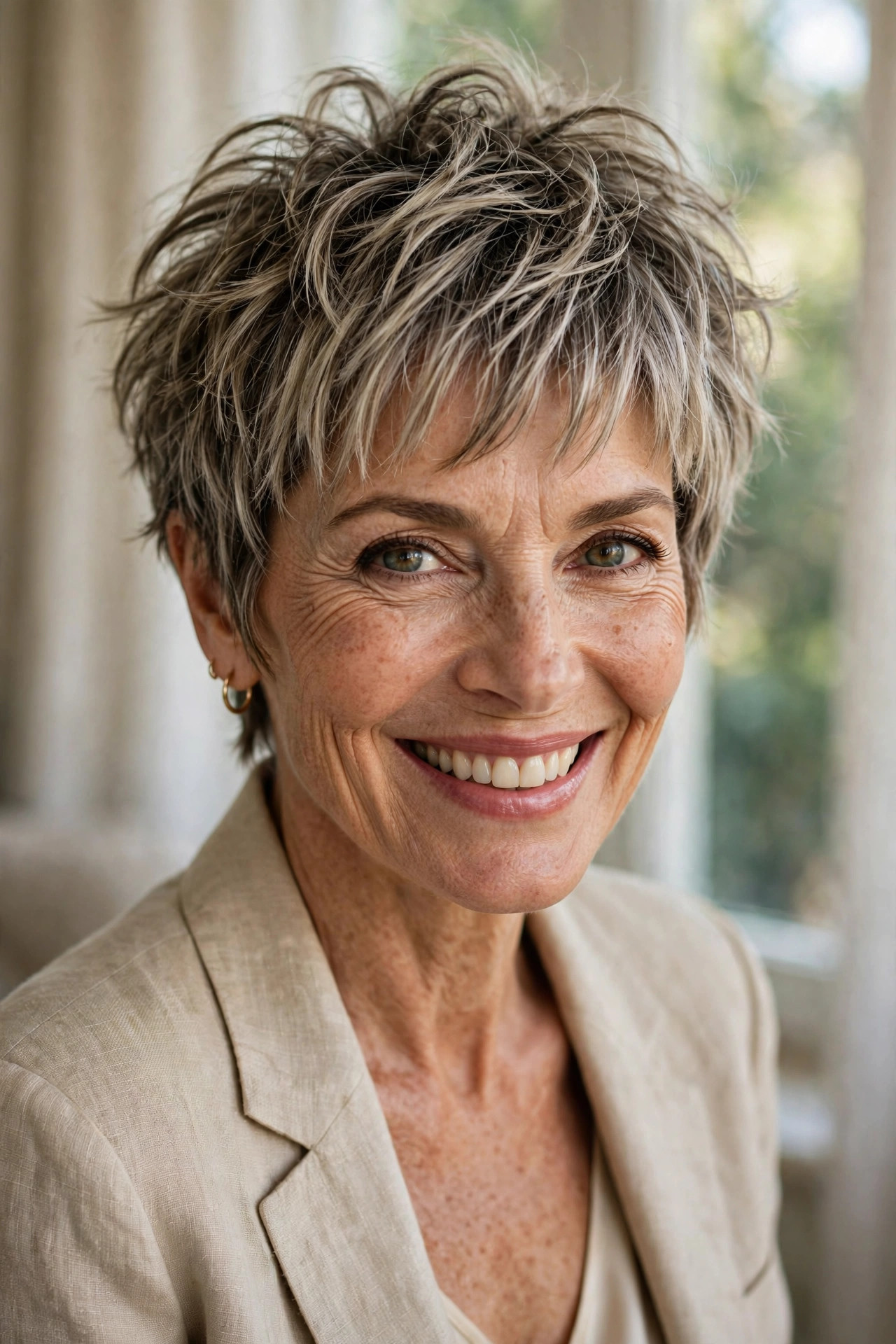Woman in her 50s with a tousled Pixie with Choppy Fringe