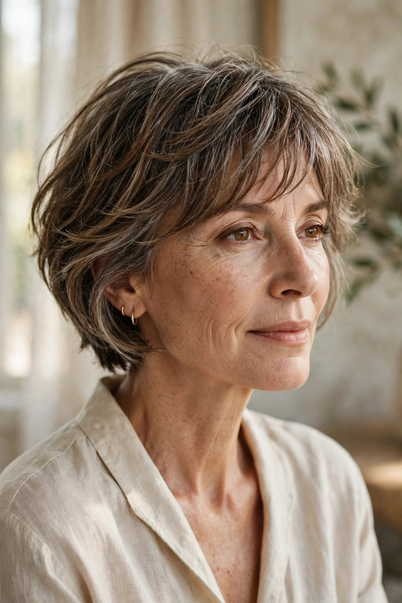 Woman in her 50s with a soft Bixie with Piecey Bangs