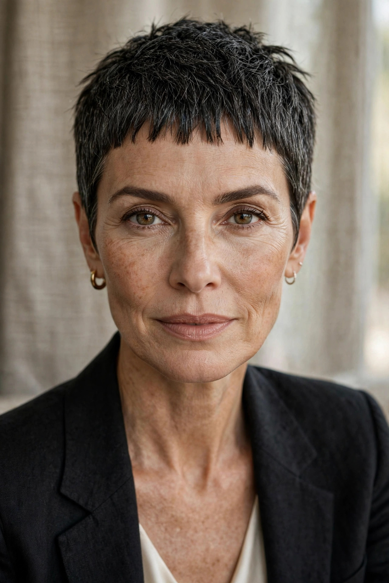 Woman in her 50s with a cropped Pixie with Baby Bangs