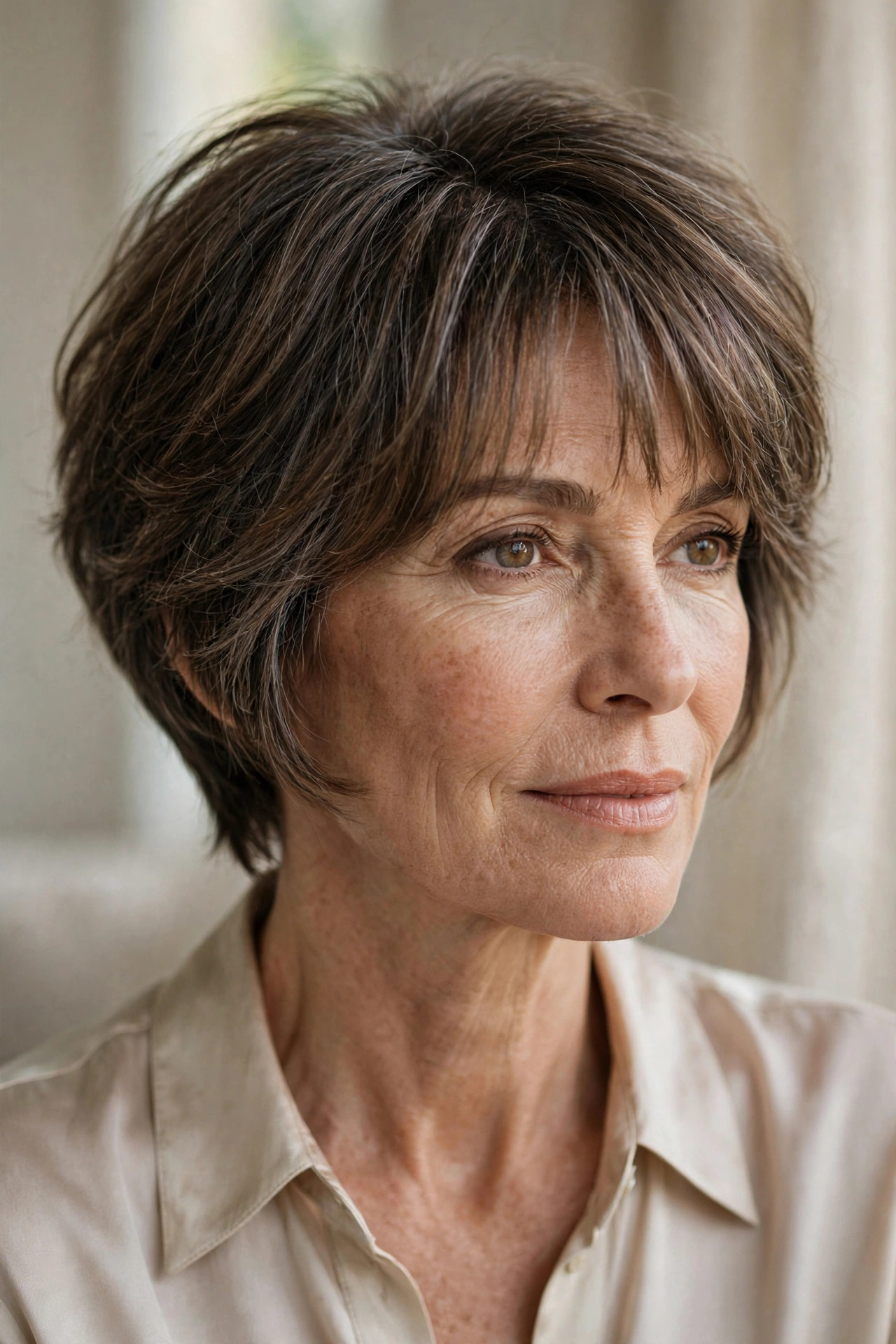 Woman in her 50s with a layered Bixie with Curtain Bangs