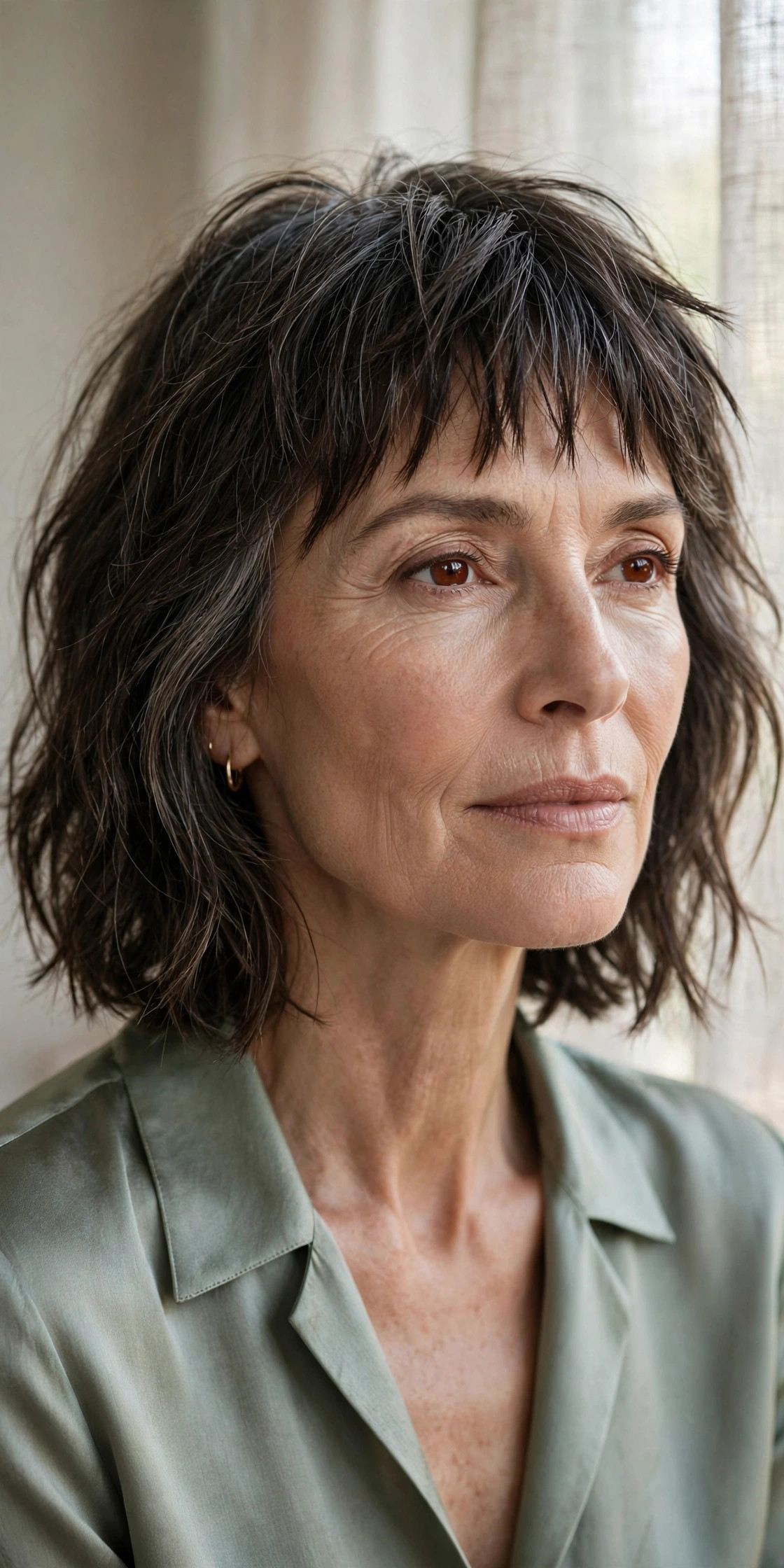 Woman in her 50s with a collarbone Lob with Choppy Bangs