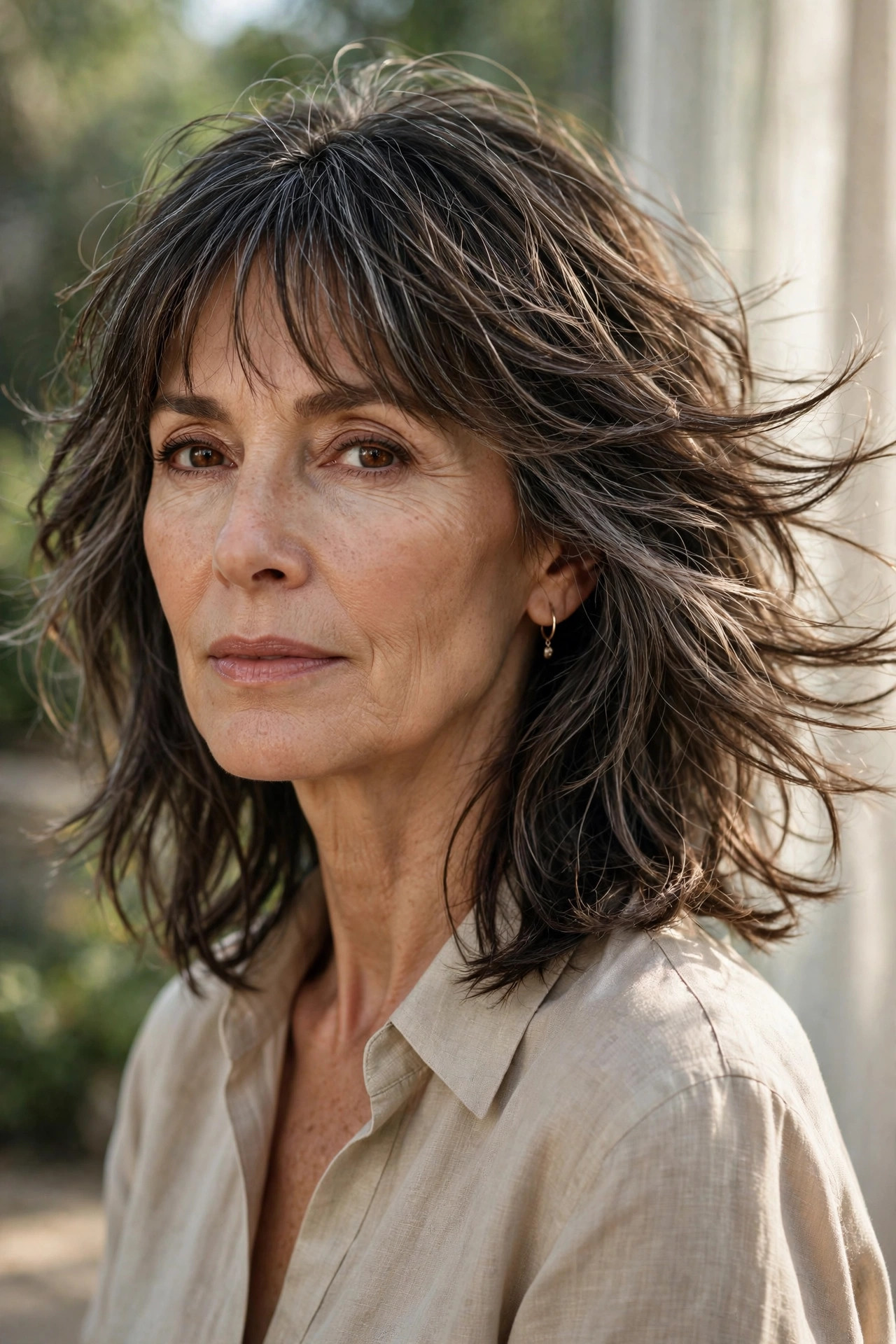 Woman in her 50s with a long Textured Lob with Wispy Fringe