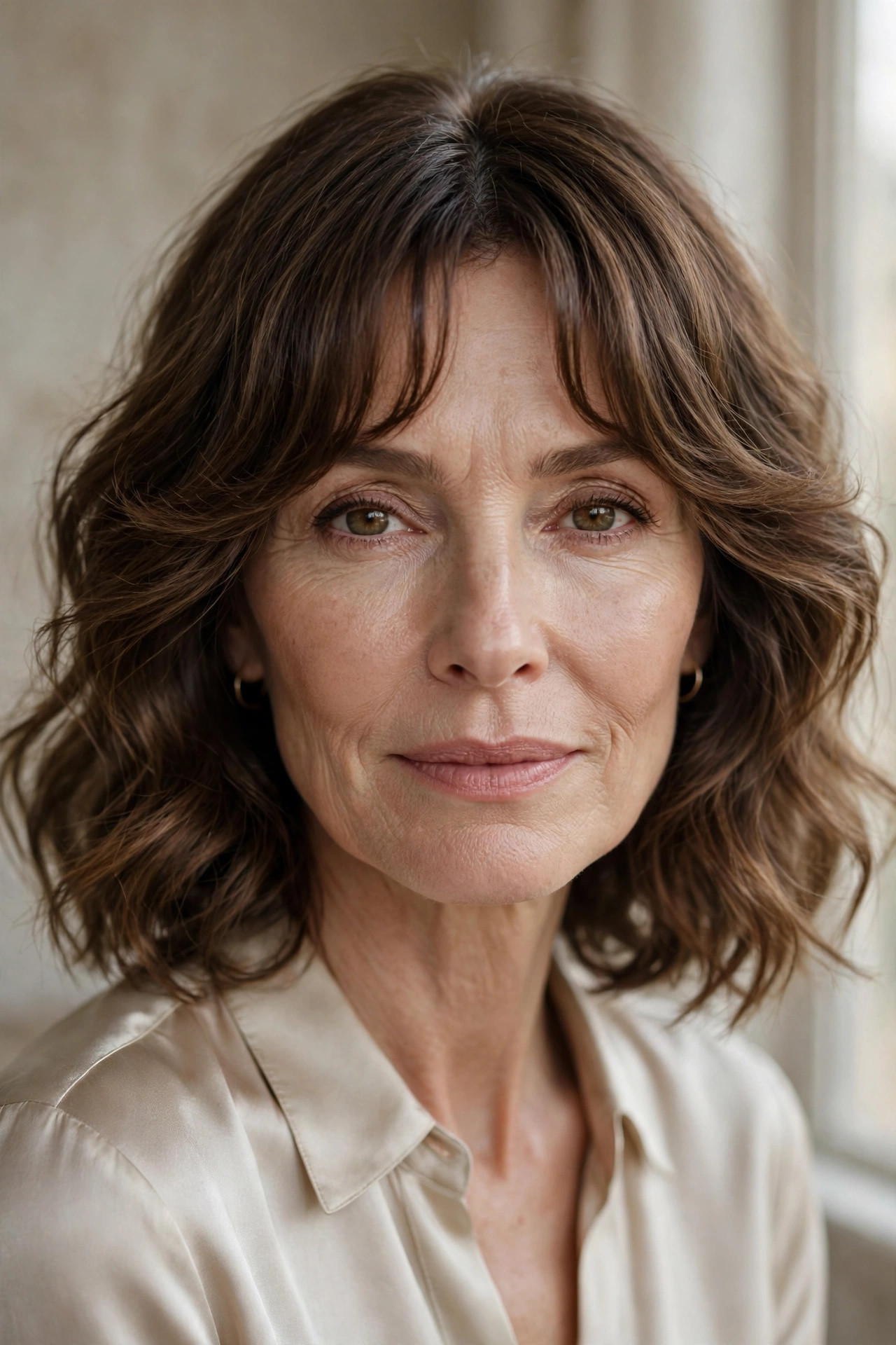 Woman in her 50s with a wavy Lob with Bottleneck Bangs