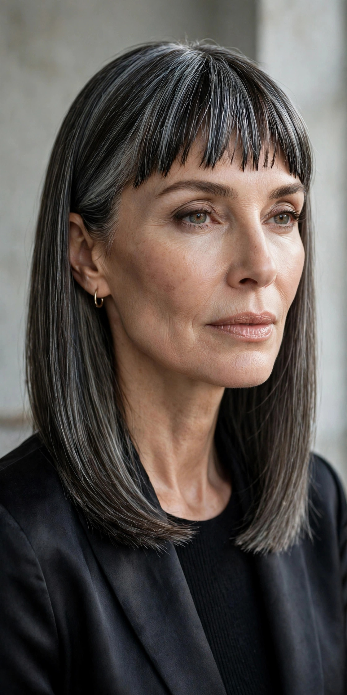 Woman in her 50s with a straight Lob with Blunt Choppy Bangs