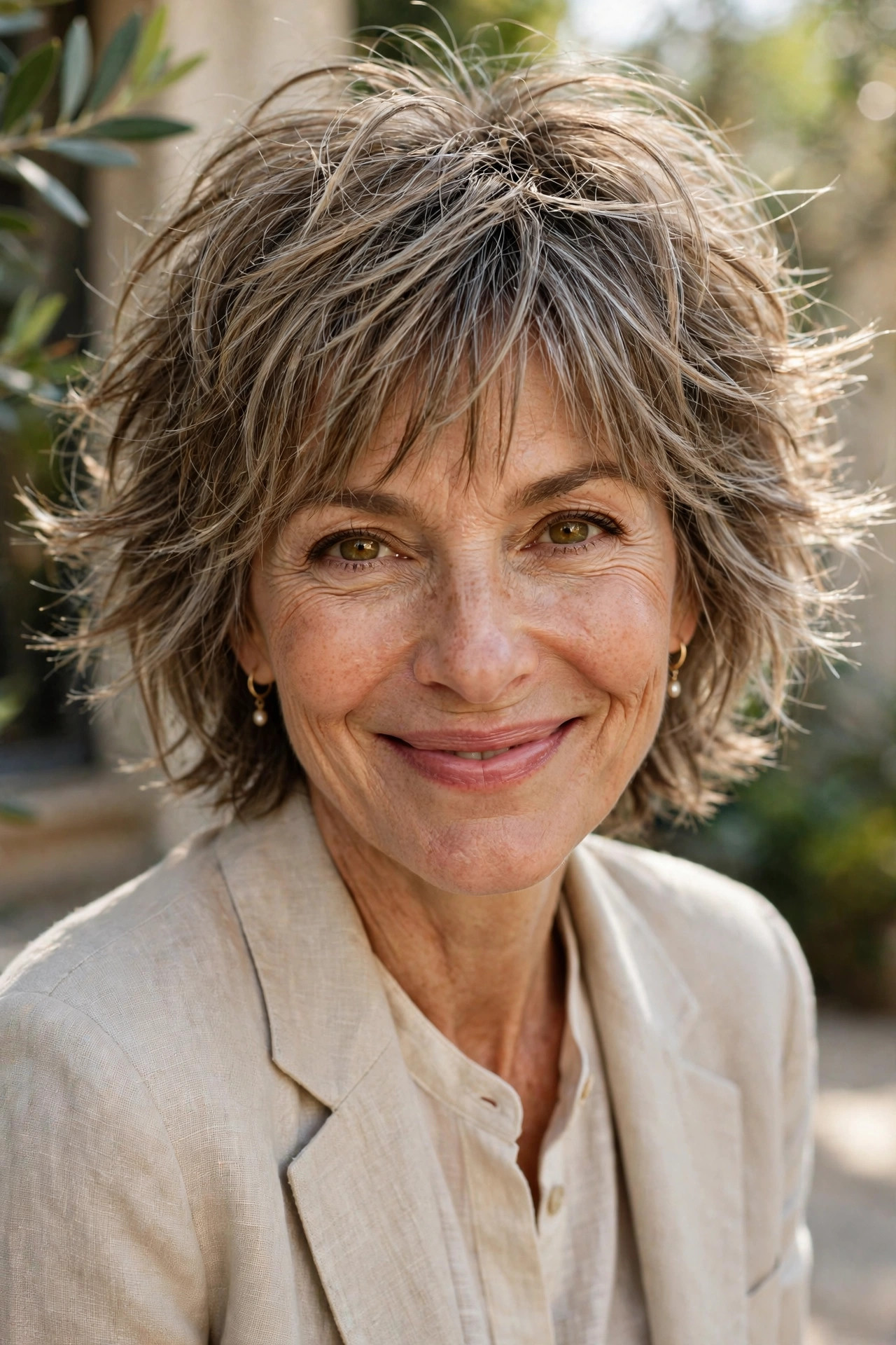 Woman in her 50s with a short Shaggy Cut with Feathered Bangs