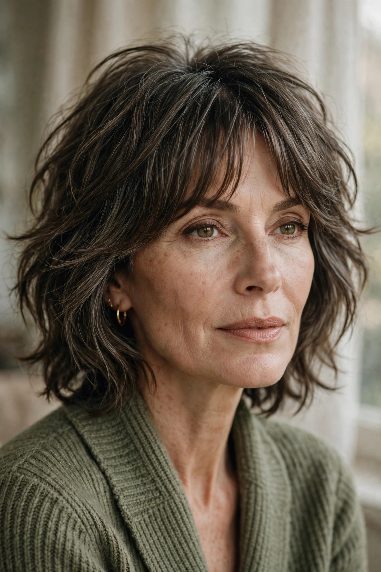 Woman in her 50s with a curtain Shag with Parted Bangs