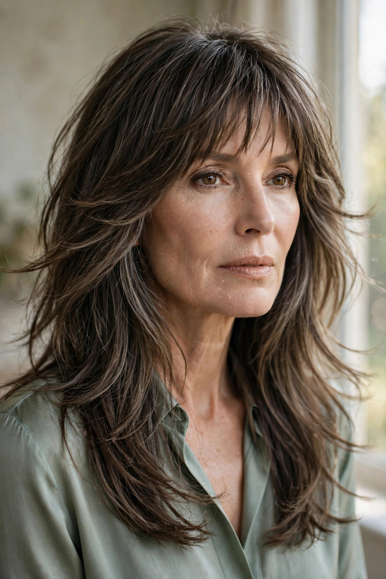 Woman in her 50s with a long Layers with Choppy Bangs